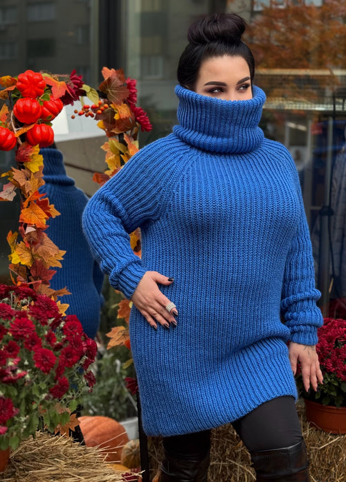 Blue hand knit big high collar long sleeves wool sweater Cable Knit Turtleneck wool pullover Womens Chunky knit sweater dress Plus size