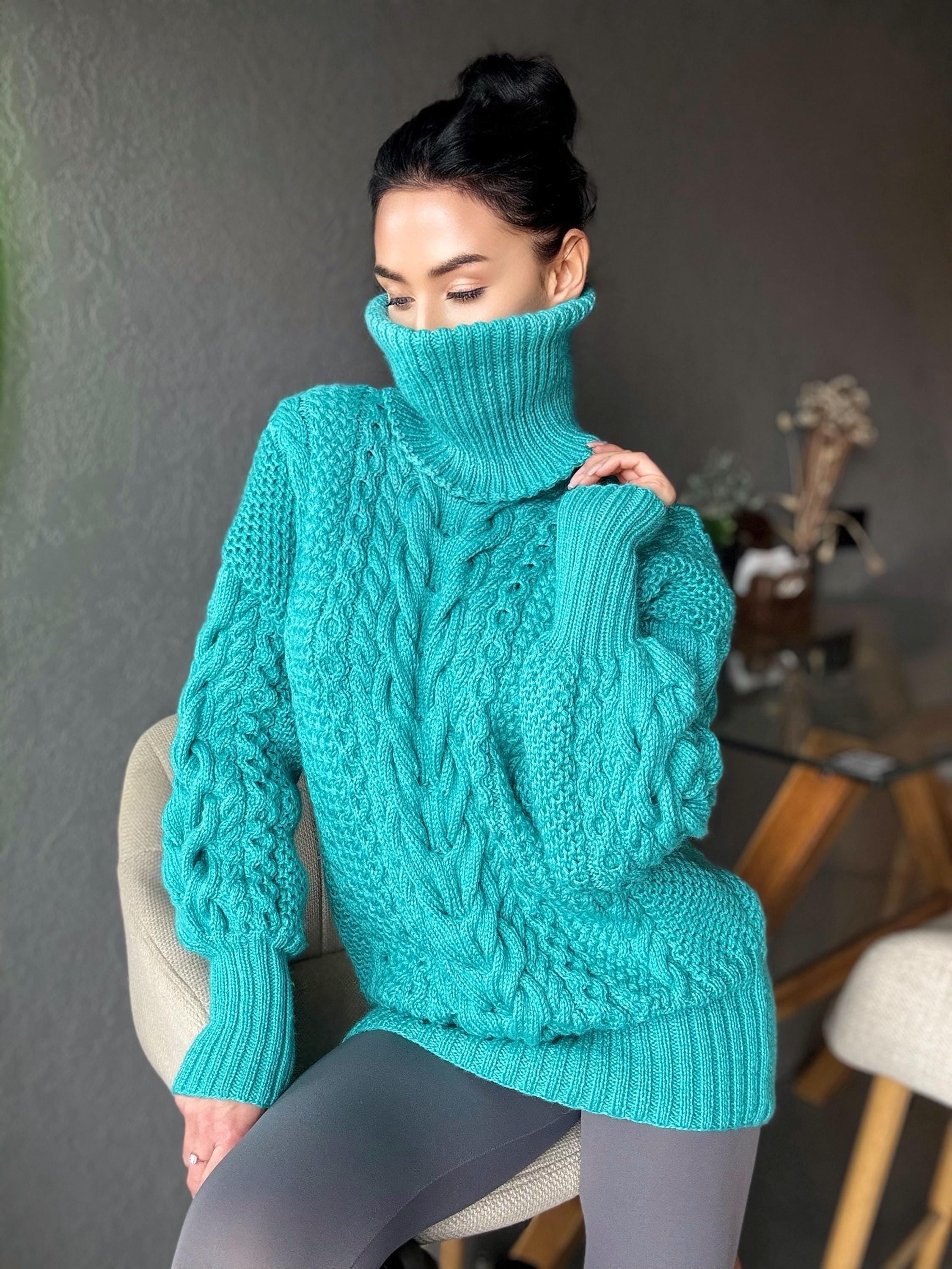 Aran long oversiz emerald big hand knit wool sweater dress Turtleneck green blue cable knit women Сhunky knit sweater High collar Clamp