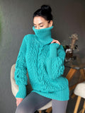 Aran long oversiz emerald big hand knit wool sweater dress Turtleneck green blue cable knit women Сhunky knit sweater High collar Clamp