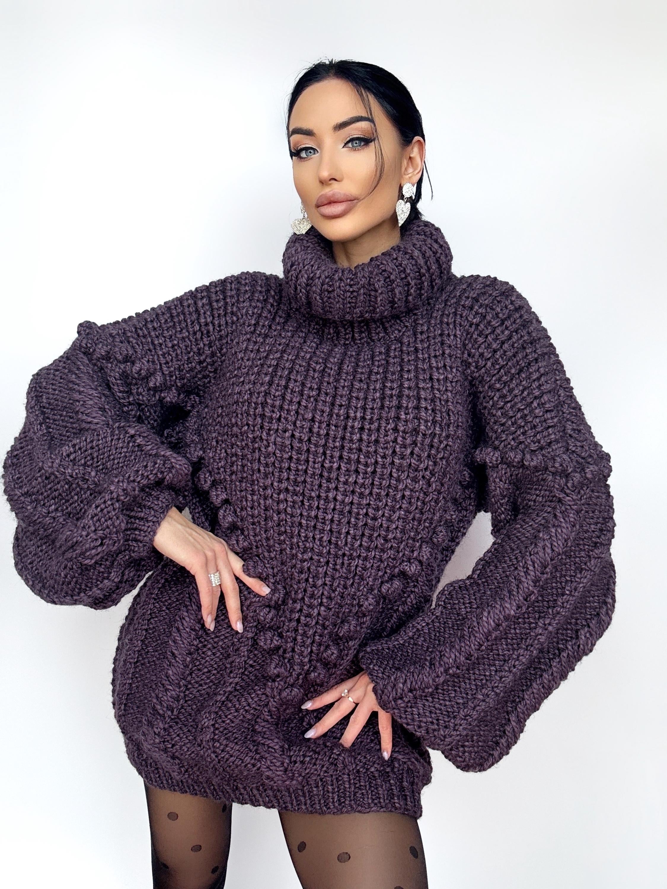 Chunky hand knit Big Plum Brown Purple alpaca wool sweater Cable knit pullover high collar Knitted turtleneck Super Bulky Sweater dress