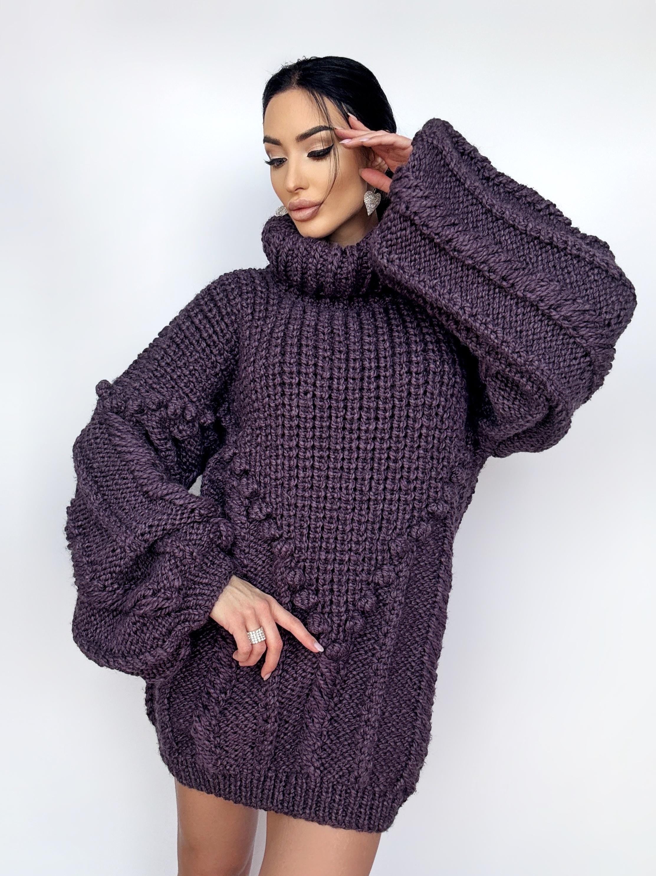 Chunky hand knit Big Plum Brown Purple alpaca wool sweater Cable knit pullover high collar Knitted turtleneck Super Bulky Sweater dress