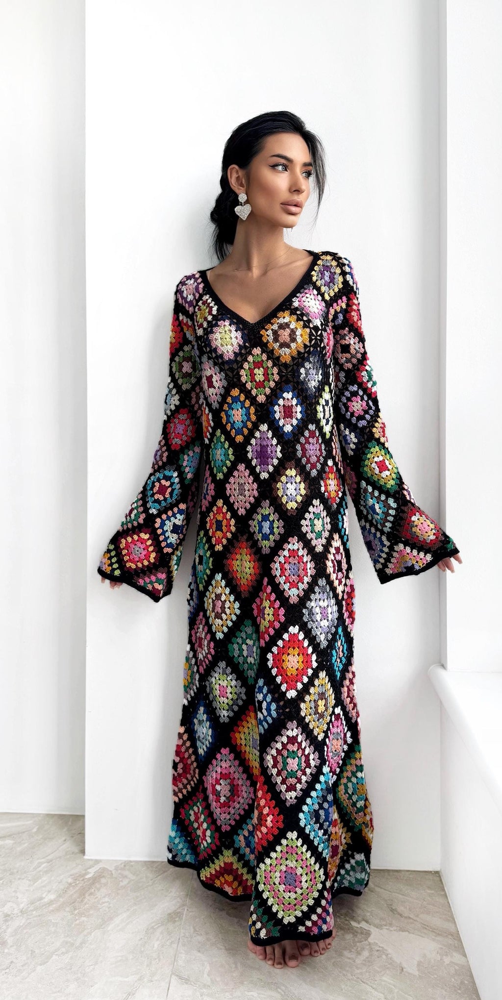 Crochet black Maxi granny square dress Crochet afghan dress Boho crochet Colourful dress cotton dress Festival Clothing Vintage Style Dres