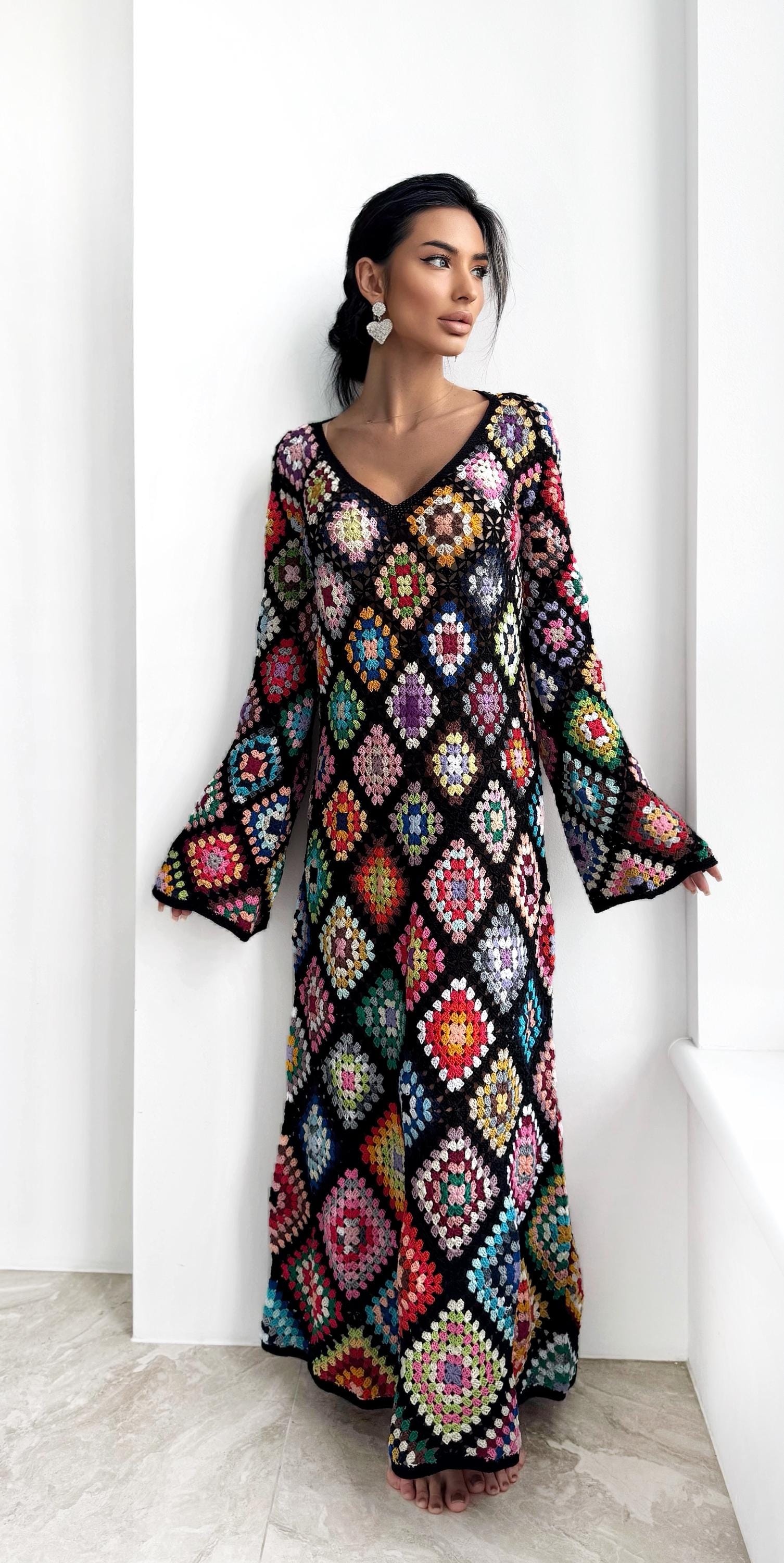Crochet black Maxi granny square dress Crochet afghan dress Boho crochet Colourful dress cotton dress Festival Clothing Vintage Style Dres