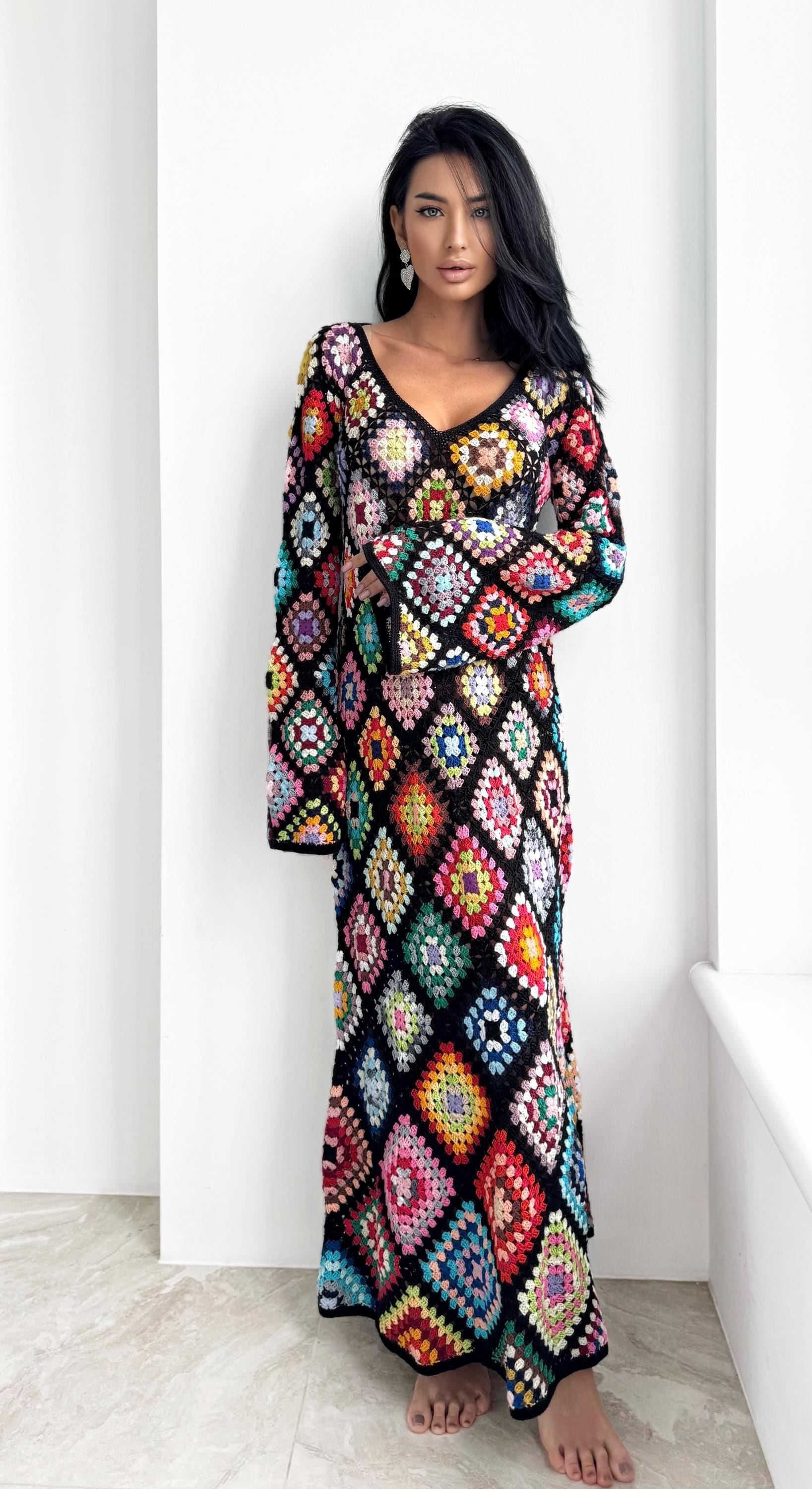 Crochet black Maxi granny square dress Crochet afghan dress Boho crochet Colourful dress cotton dress Festival Clothing Vintage Style Dres