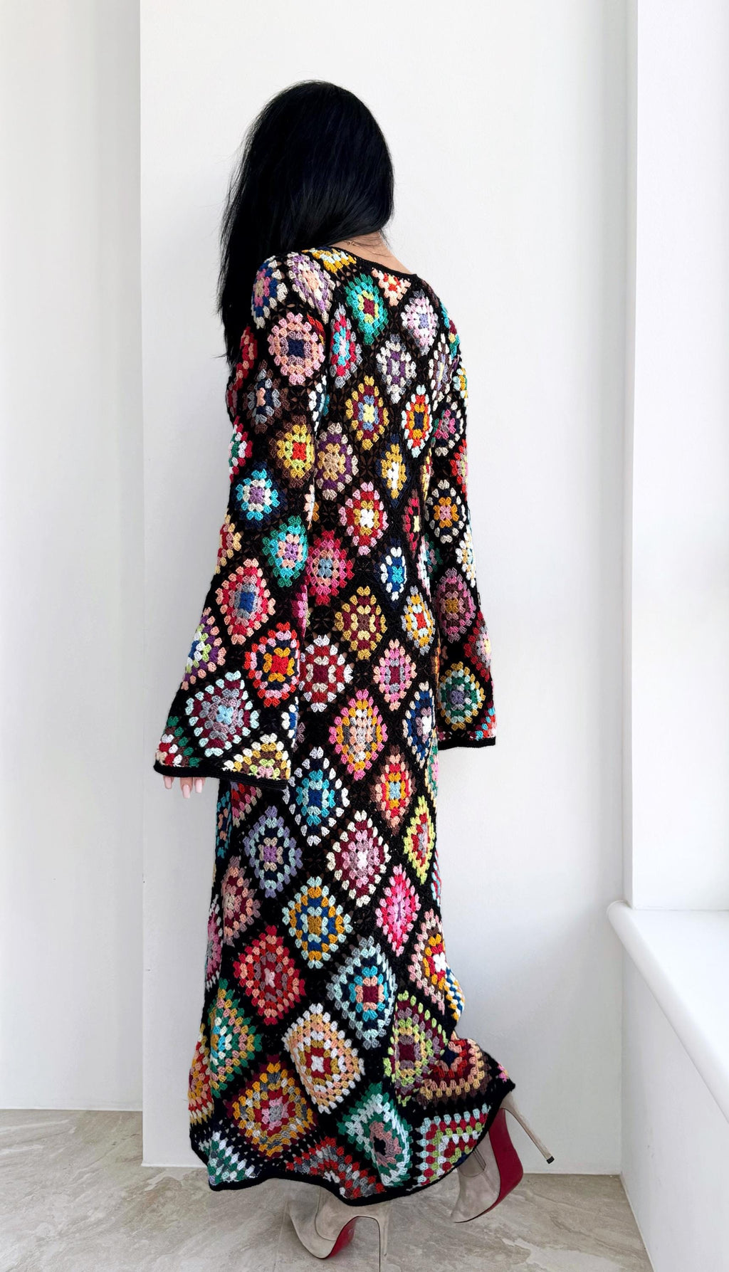 Crochet black Maxi granny square dress Crochet afghan dress Boho crochet Colourful dress cotton dress Festival Clothing Vintage Style Dres