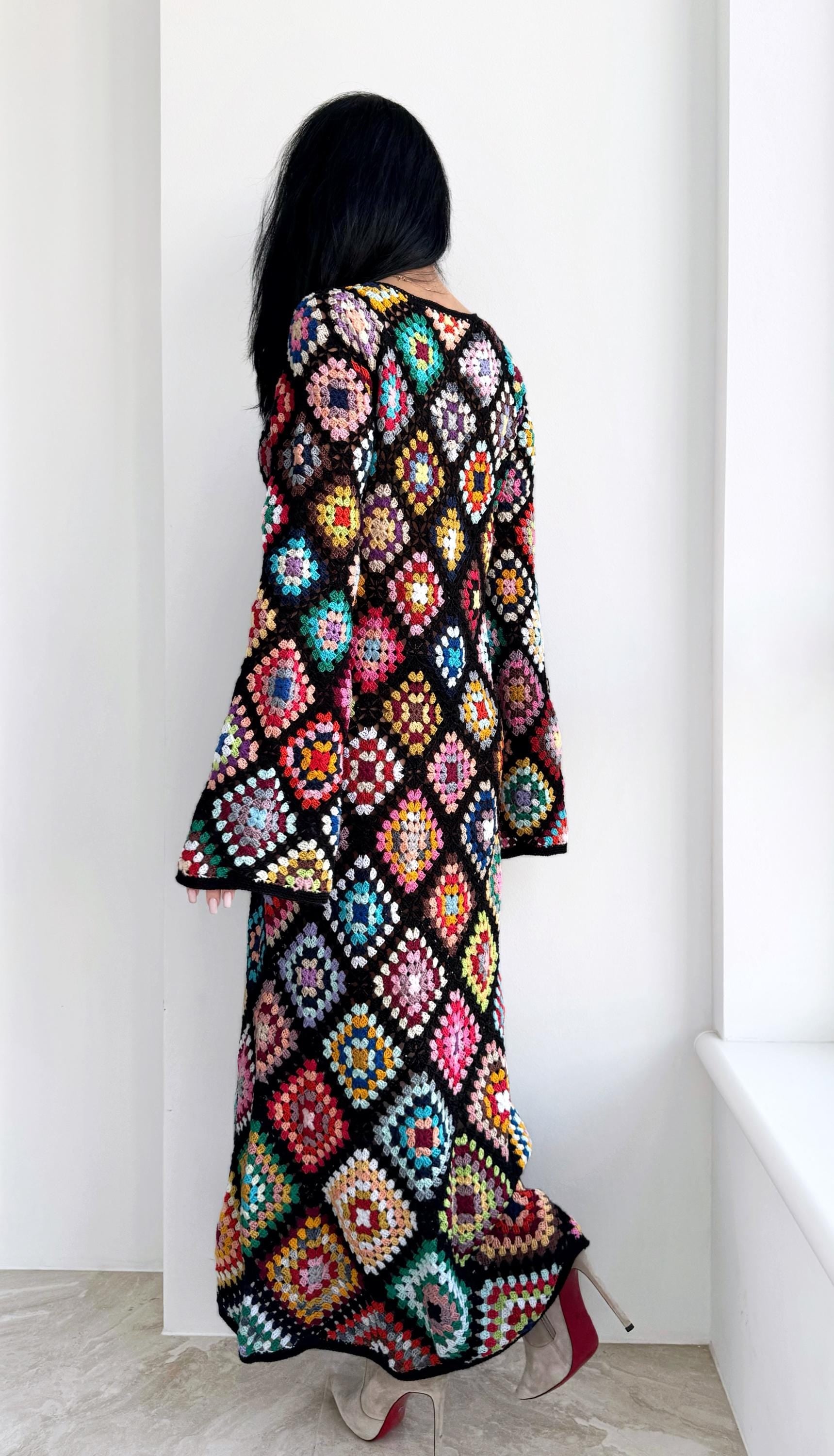 Crochet black Maxi granny square dress Crochet afghan dress Boho crochet Colourful dress cotton dress Festival Clothing Vintage Style Dres