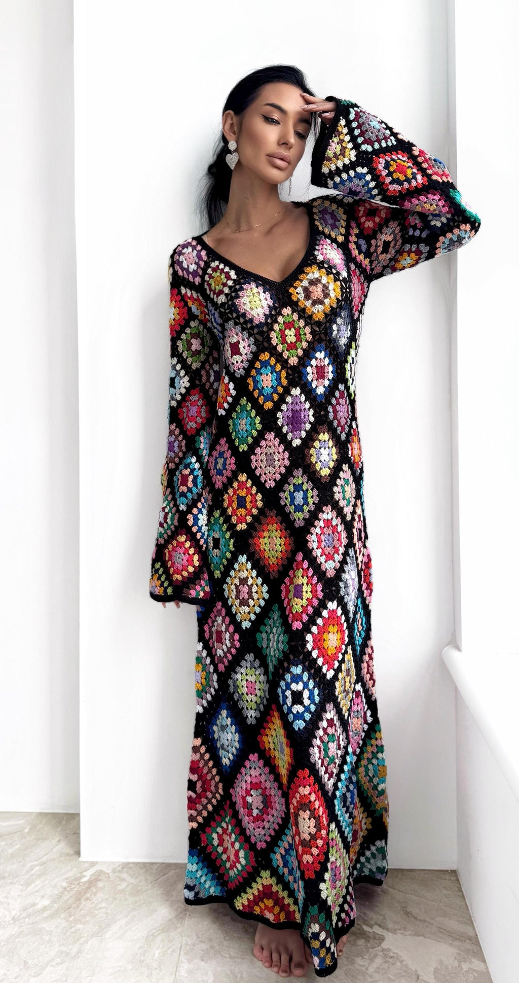 Crochet black Maxi granny square dress Crochet afghan dress Boho crochet Colourful dress cotton dress Festival Clothing Vintage Style Dres