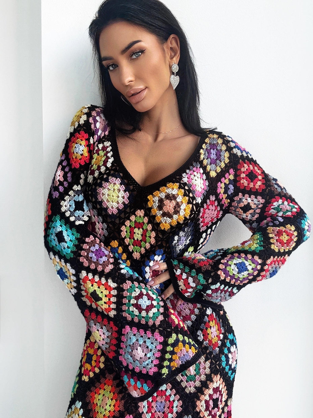 Crochet black Maxi granny square dress Crochet afghan dress Boho crochet Colourful dress cotton dress Festival Clothing Vintage Style Dres
