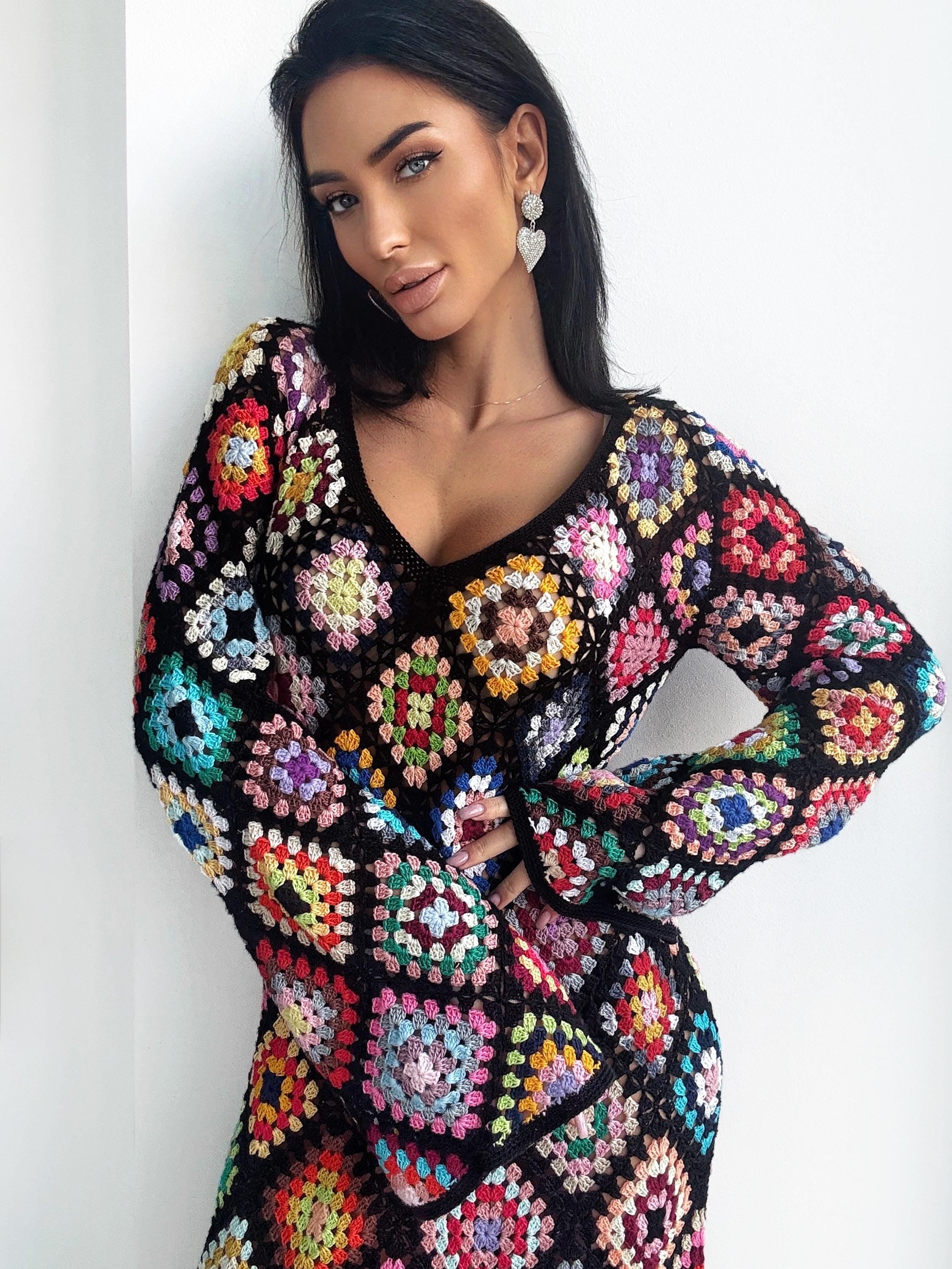Crochet black Maxi granny square dress Crochet afghan dress Boho crochet Colourful dress cotton dress Festival Clothing Vintage Style Dres