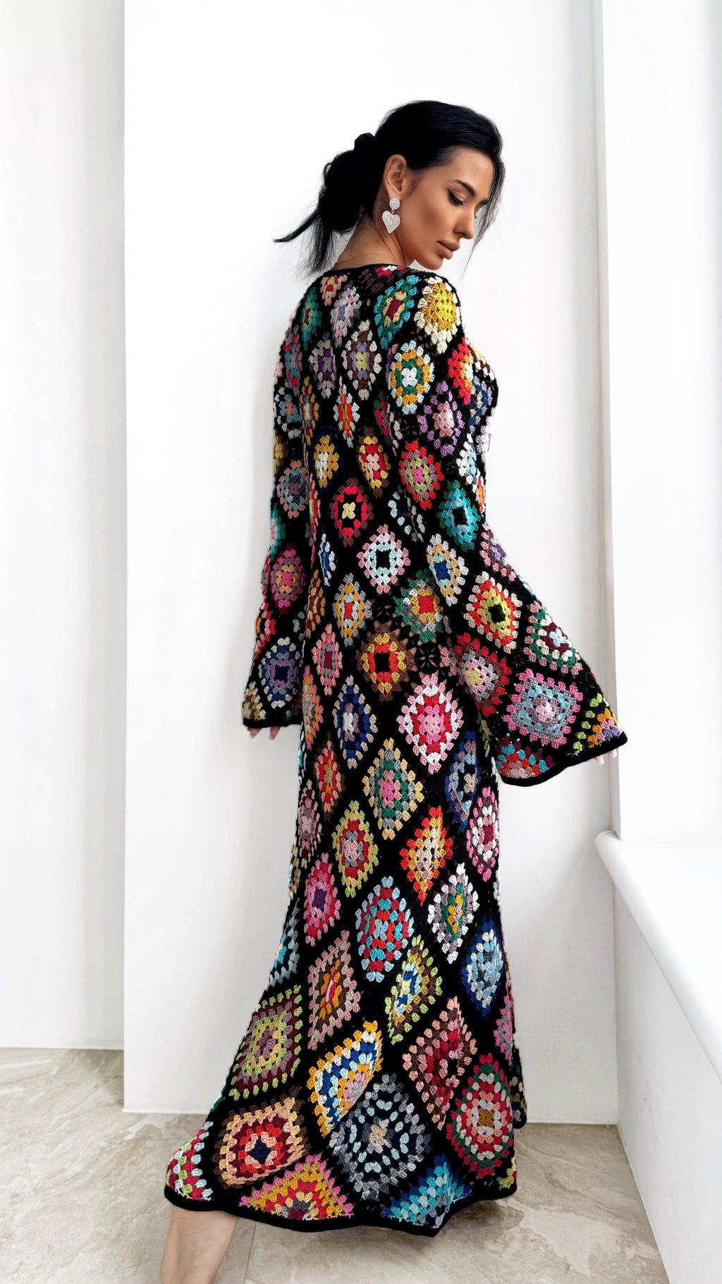 Crochet black Maxi granny square dress Crochet afghan dress Boho crochet Colourful dress cotton dress Festival Clothing Vintage Style Dres