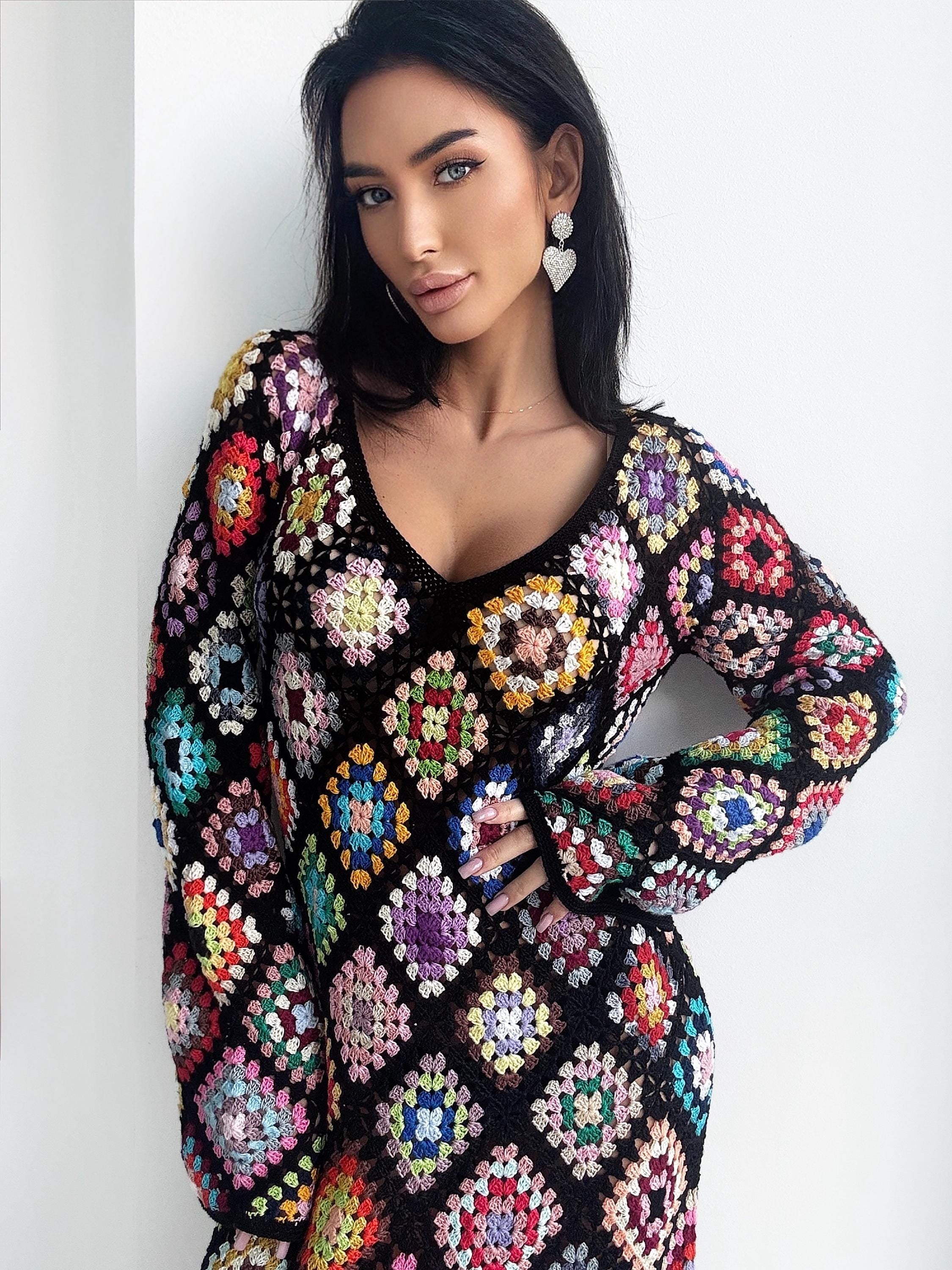 Crochet black Maxi granny square dress Crochet afghan dress Boho crochet Colourful dress cotton dress Festival Clothing Vintage Style Dres