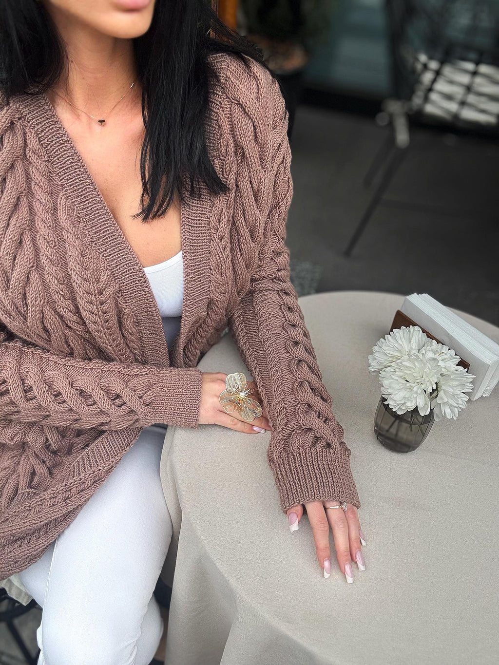 Aran wool pastel brown handknit сardigan women Chunky knit beige cardigan Knitted jacket Cable knit cardigan Chunky knit sweater