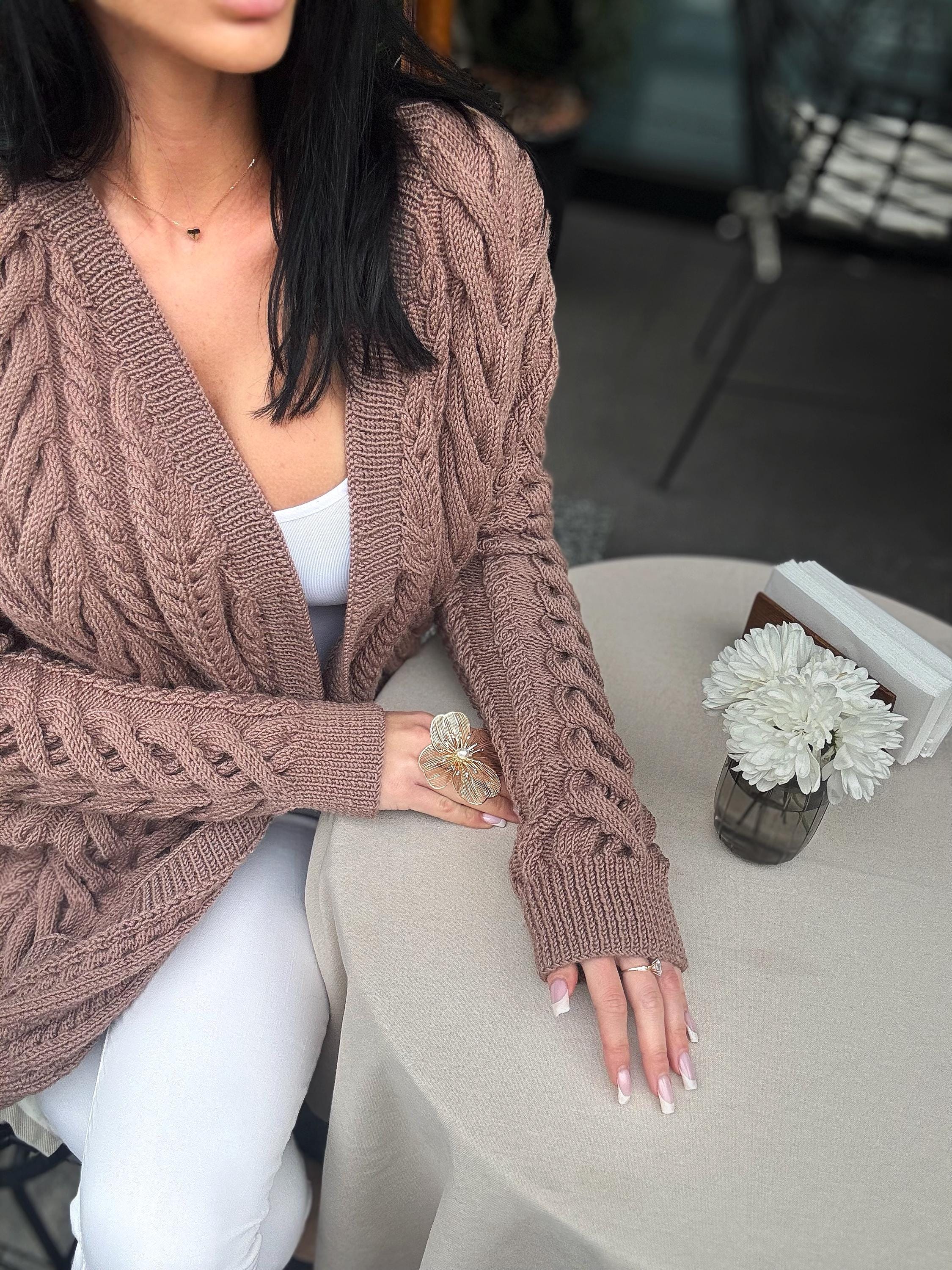 Aran wool pastel brown handknit сardigan women Chunky knit beige cardigan Knitted jacket Cable knit cardigan Chunky knit sweater
