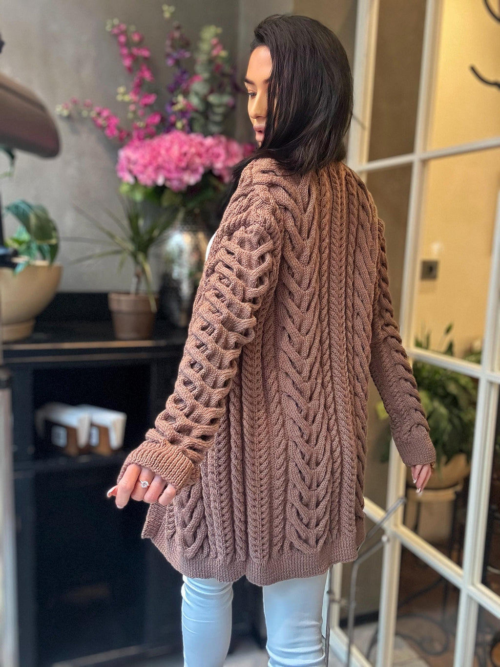 Aran wool pastel brown handknit сardigan women Chunky knit beige cardigan Knitted jacket Cable knit cardigan Chunky knit sweater