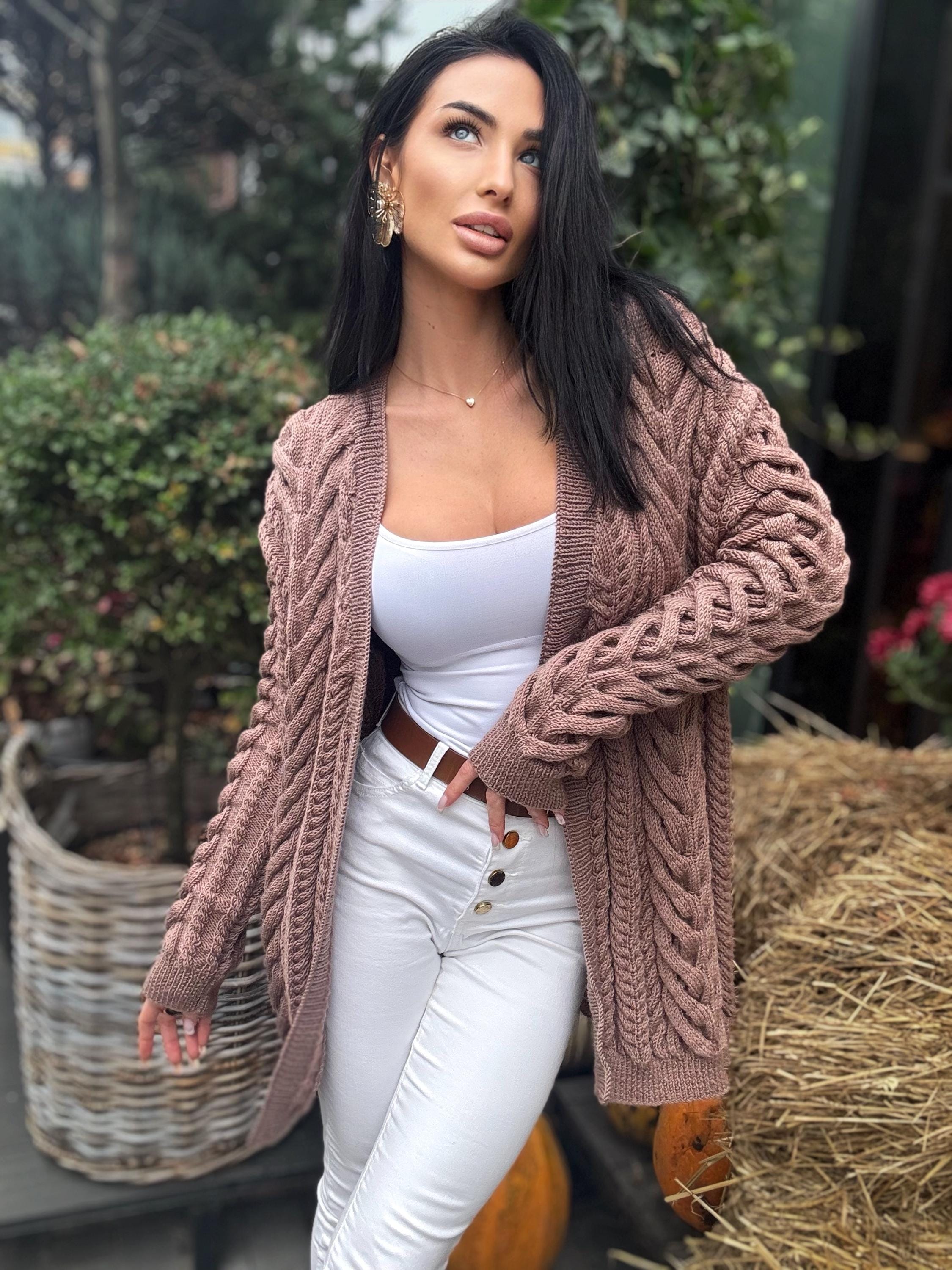 Aran wool pastel brown handknit сardigan women Chunky knit beige cardigan Knitted jacket Cable knit cardigan Chunky knit sweater