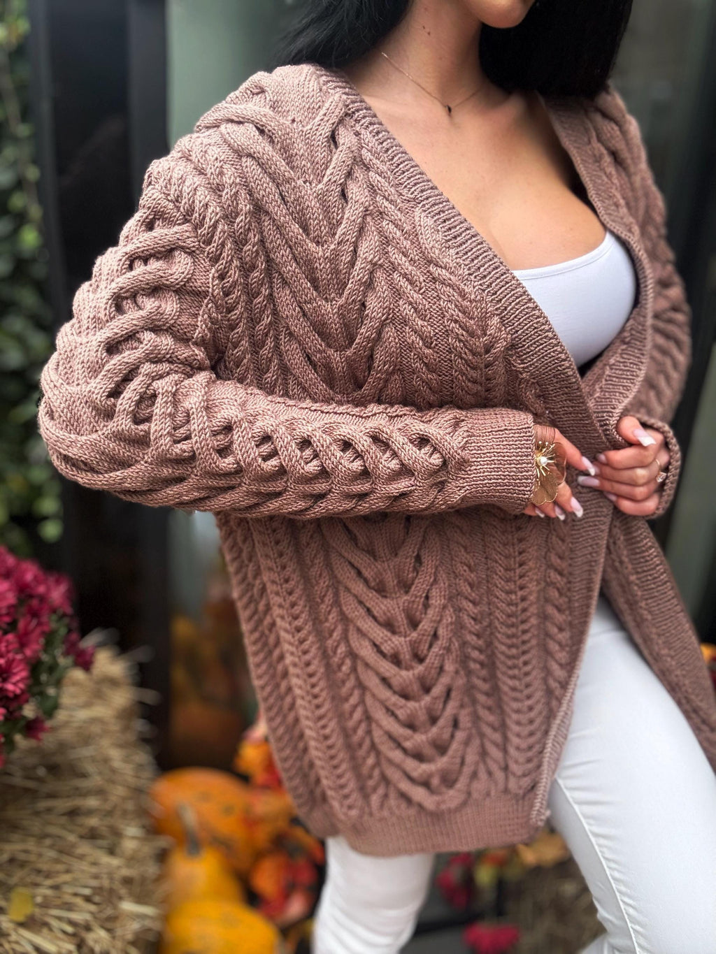 Aran wool pastel brown handknit сardigan women Chunky knit beige cardigan Knitted jacket Cable knit cardigan Chunky knit sweater