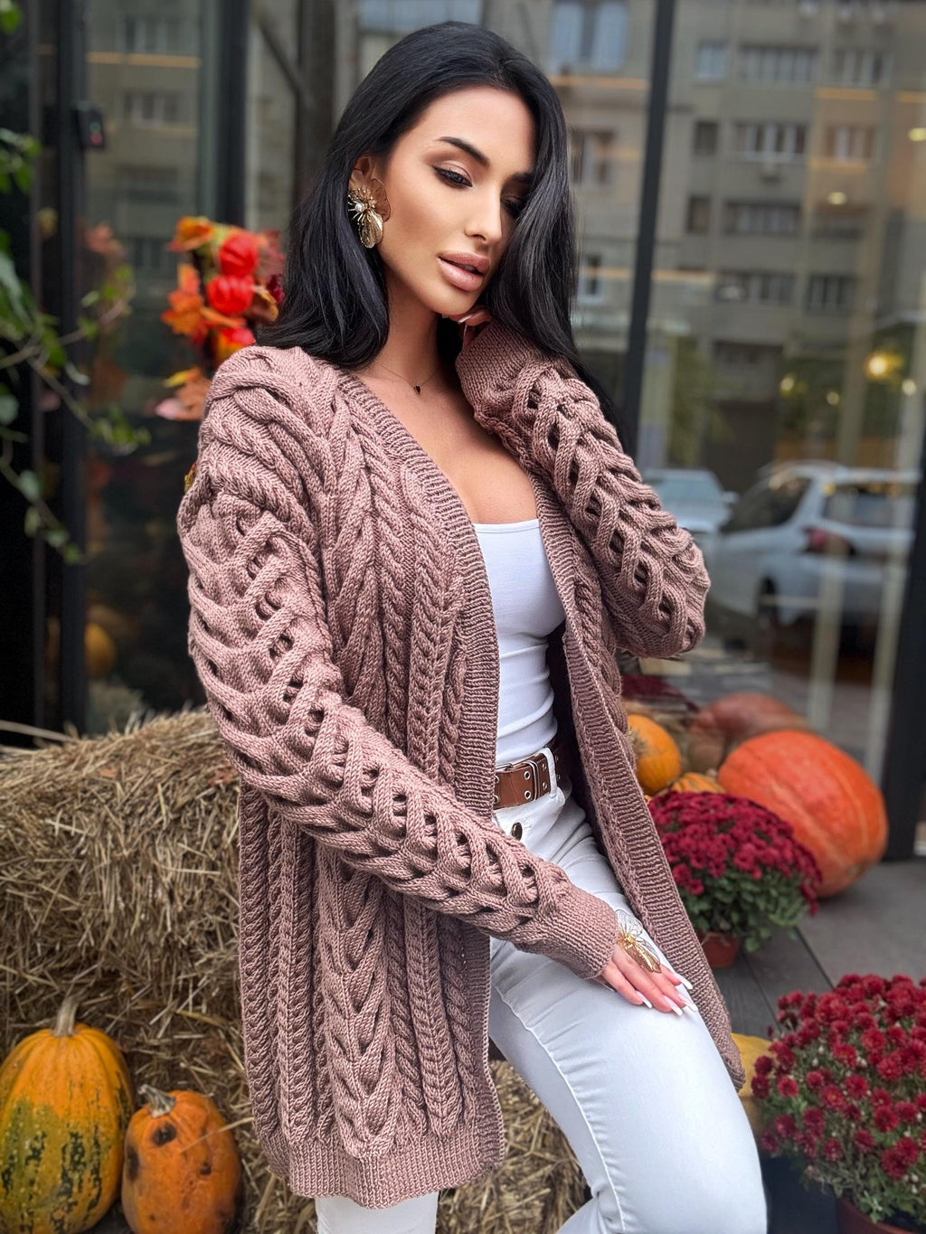 Aran wool pastel brown handknit сardigan women Chunky knit beige cardigan Knitted jacket Cable knit cardigan Chunky knit sweater
