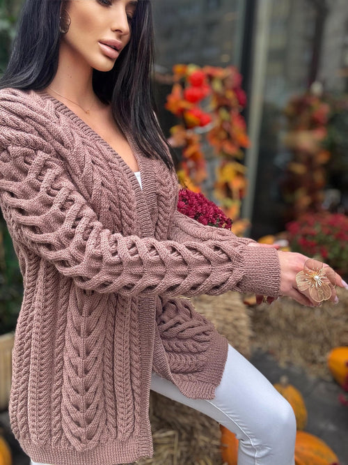 Aran wool pastel brown handknit сardigan women Chunky knit beige cardigan Knitted jacket Cable knit cardigan Chunky knit sweater