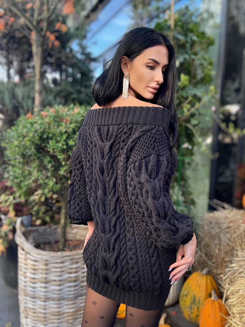 Hand knit wool black sweater dress for women Cable knit open shoulders Long wool sweater braids knit Chunky knit one shoulder Aran sweater