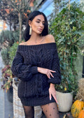 Hand knit wool black sweater dress for women Cable knit open shoulders Long wool sweater braids knit Chunky knit one shoulder Aran sweater