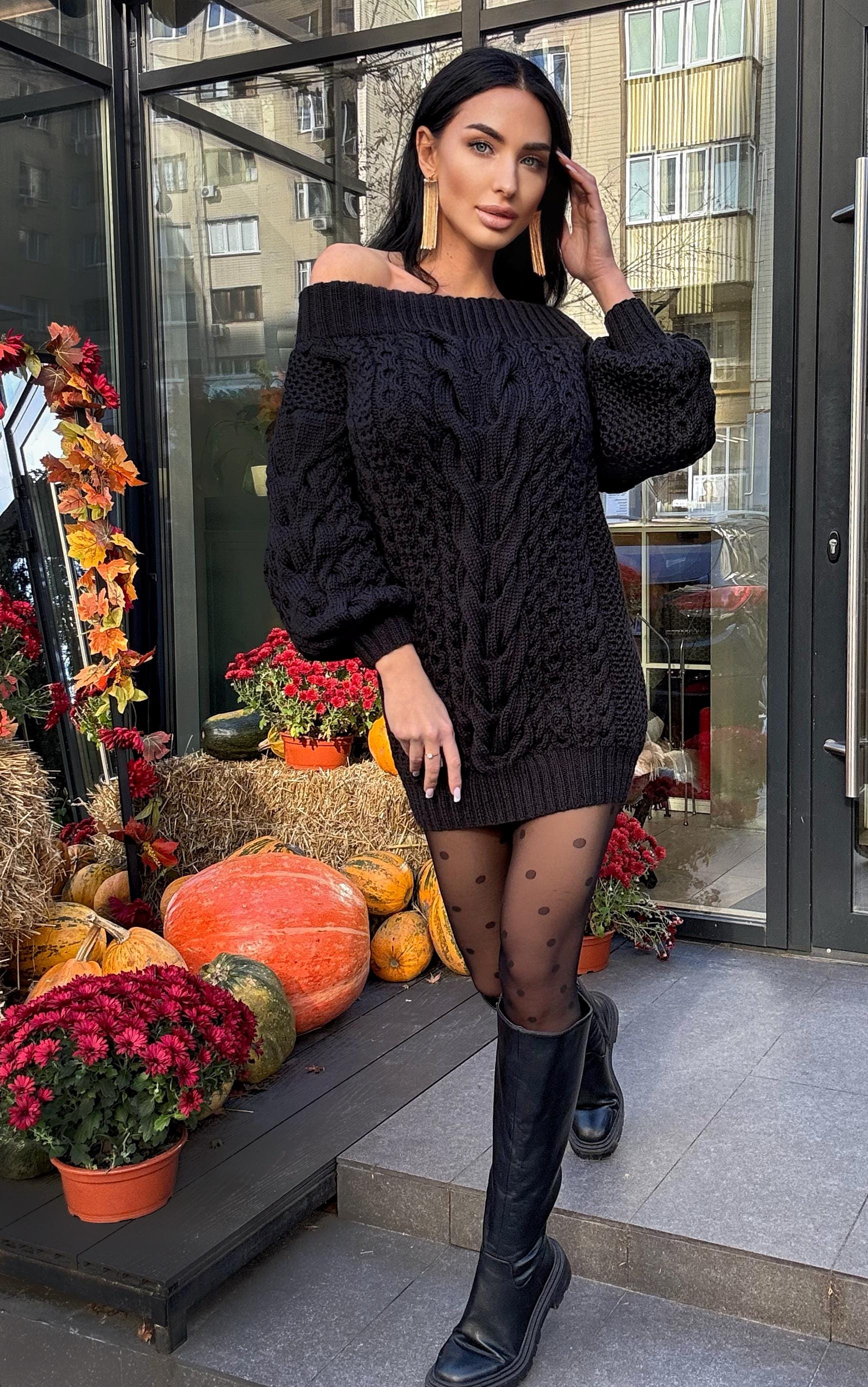 Hand knit wool black sweater dress for women Cable knit open shoulders Long wool sweater braids knit Chunky knit one shoulder Aran sweater