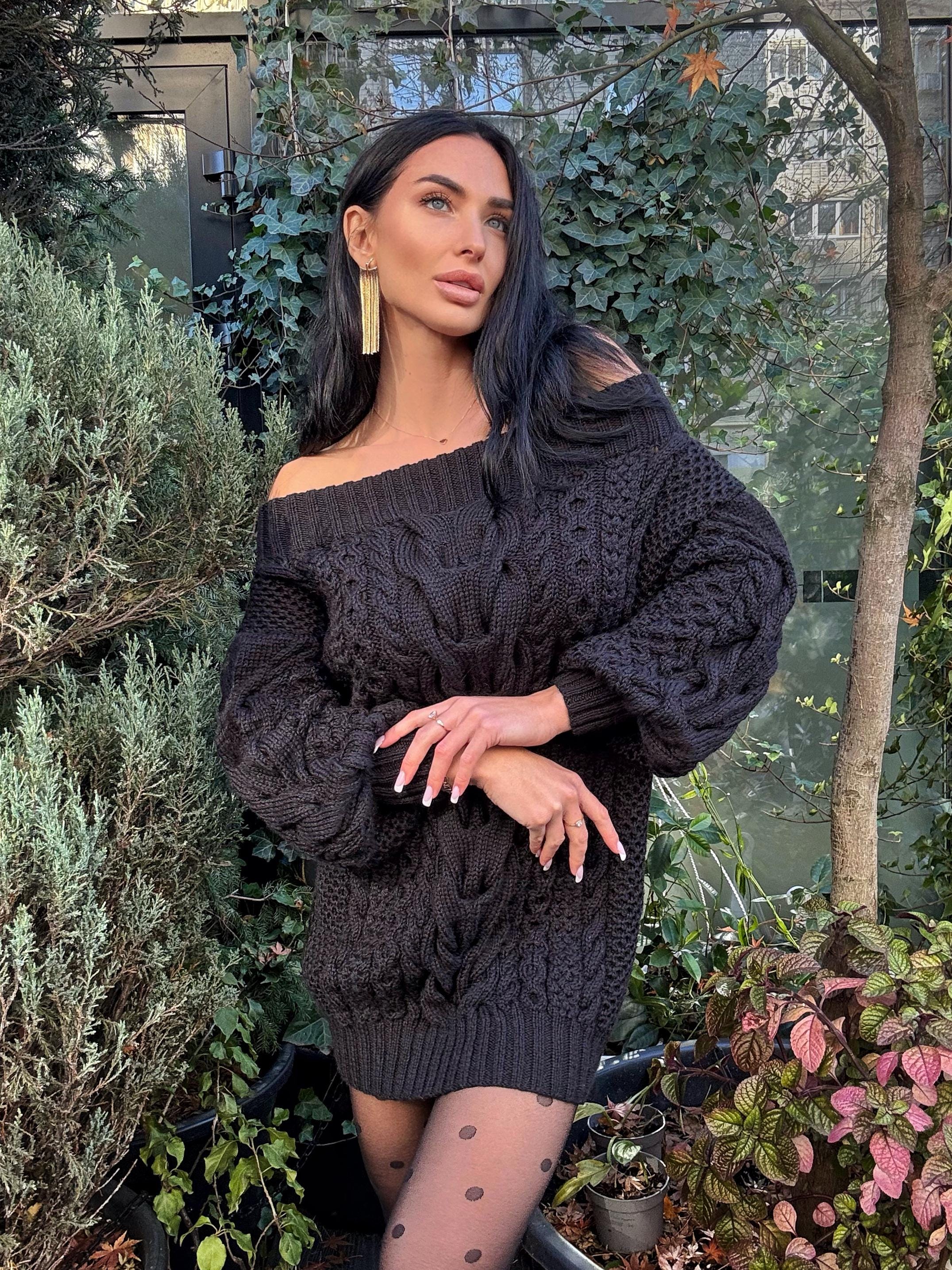 Hand knit wool black sweater dress for women Cable knit open shoulders Long wool sweater braids knit Chunky knit one shoulder Aran sweater