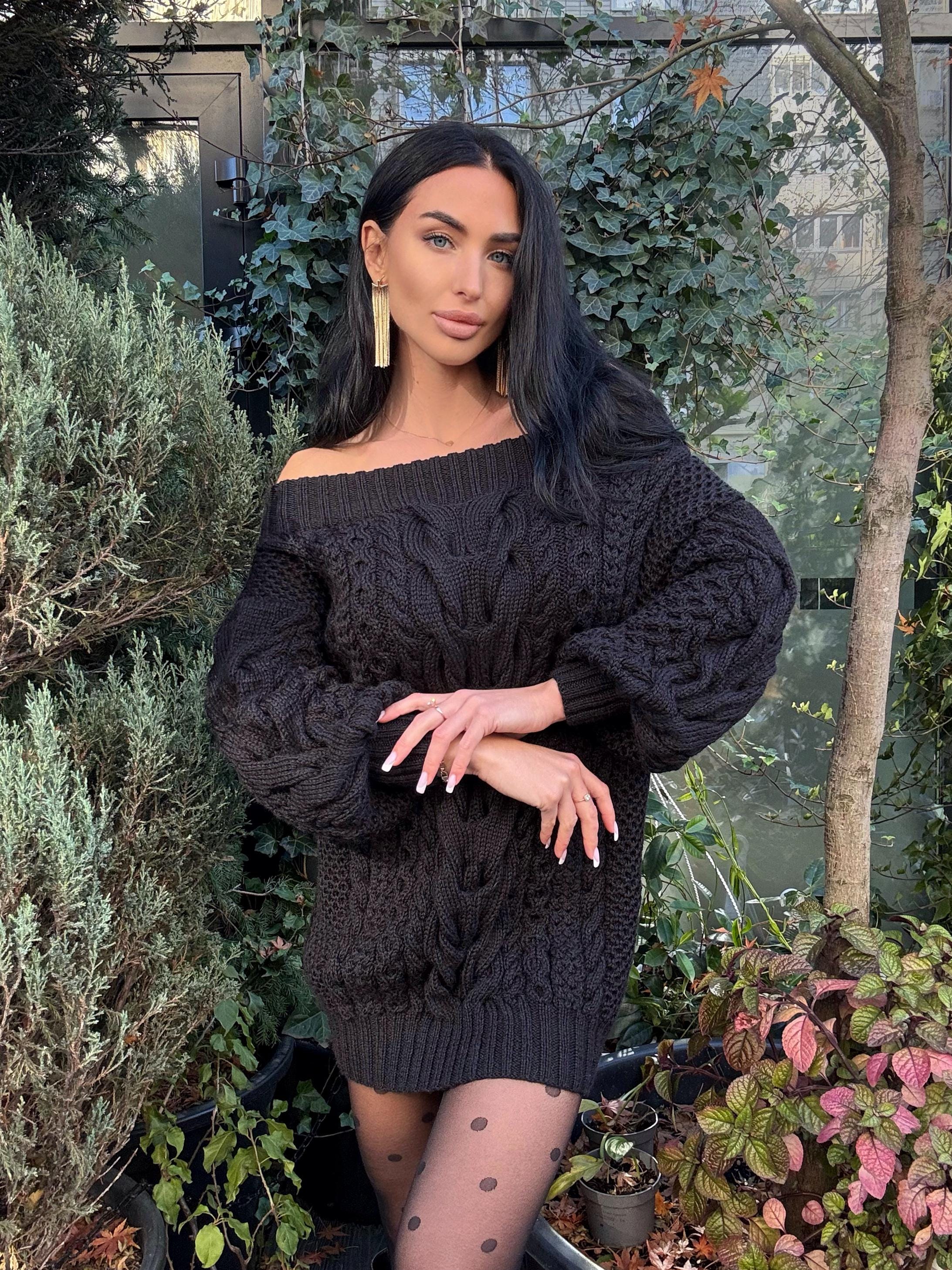 Hand knit wool black sweater dress for women Cable knit open shoulders Long wool sweater braids knit Chunky knit one shoulder Aran sweater