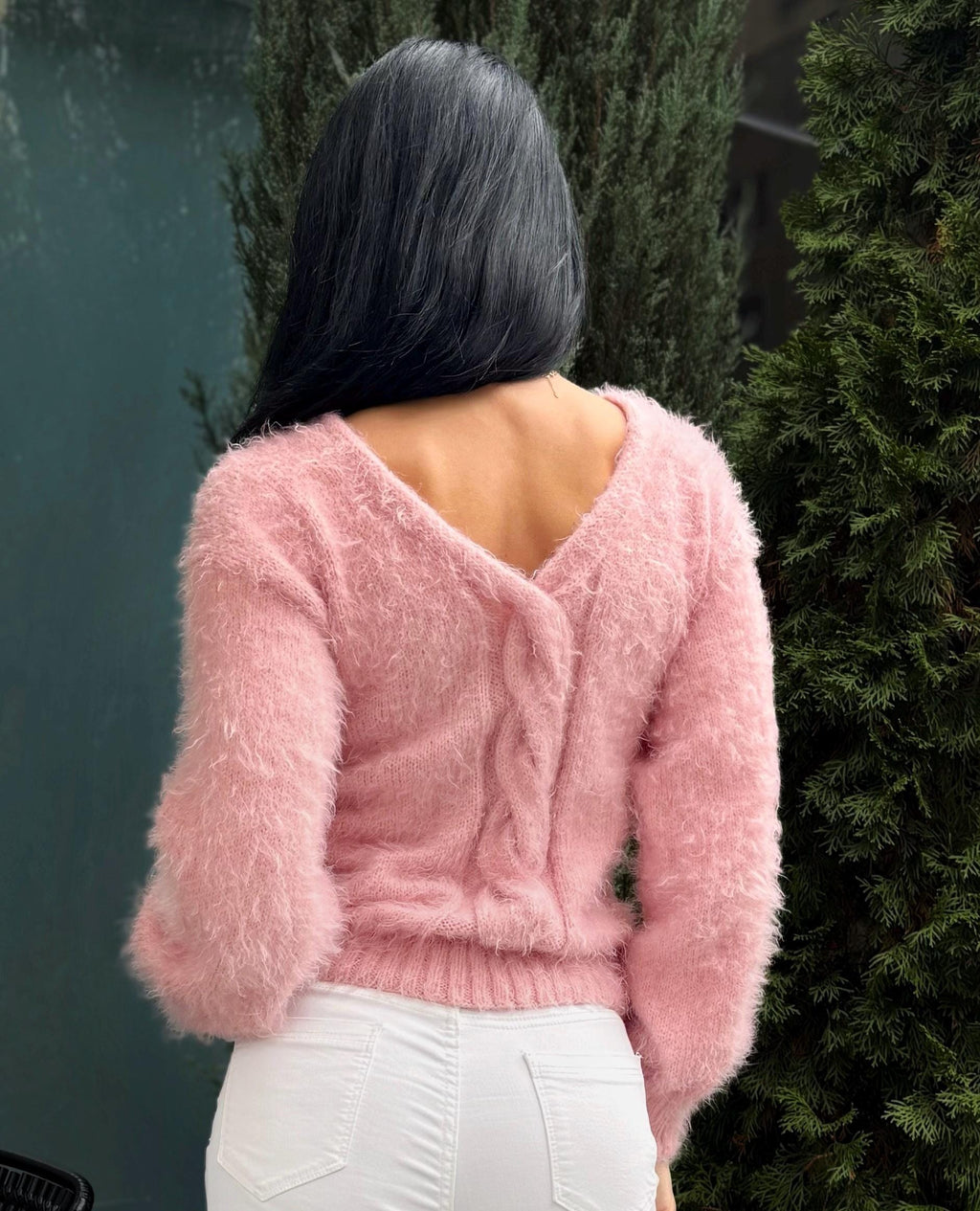 Soft hand knit fluffy Pink Powder wool FREE or merino wool body friendly sweater Open back Deep V-neckline Loose fit oversize pullover