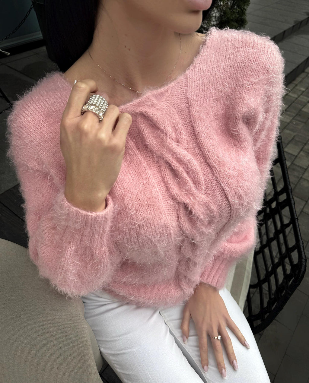 Soft hand knit fluffy Pink Powder wool FREE or merino wool body friendly sweater Open back Deep V-neckline Loose fit oversize pullover