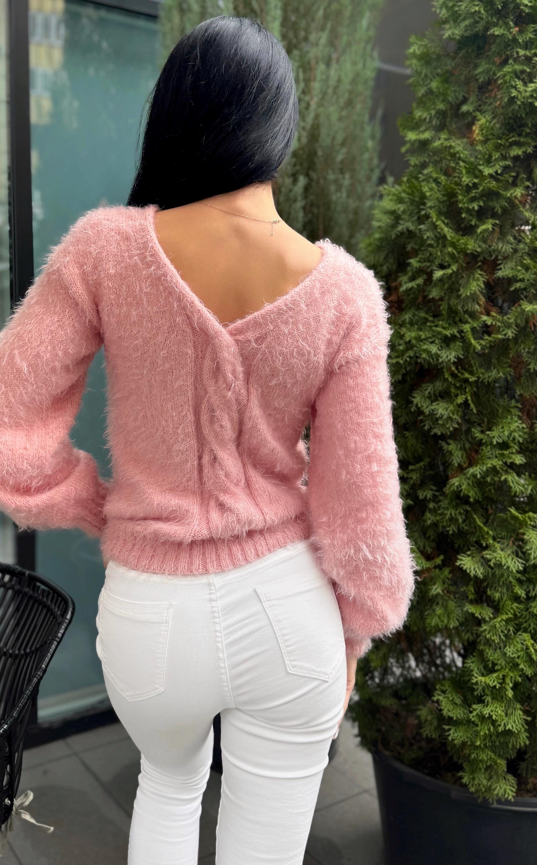 Soft hand knit fluffy Pink Powder wool FREE or merino wool body friendly sweater Open back Deep V-neckline Loose fit oversize pullover