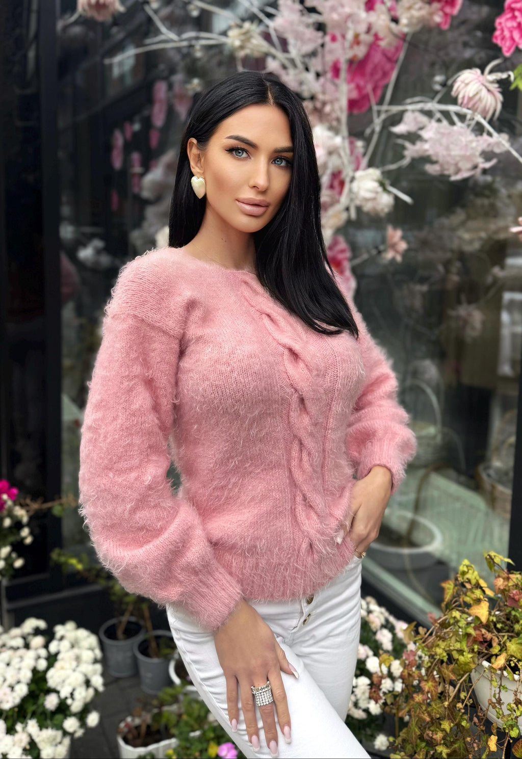Soft hand knit fluffy Pink Powder wool FREE or merino wool body friendly sweater Open back Deep V-neckline Loose fit oversize pullover