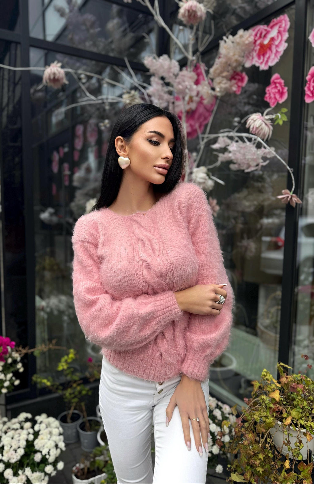 Soft hand knit fluffy Pink Powder wool FREE or merino wool body friendly sweater Open back Deep V-neckline Loose fit oversize pullover