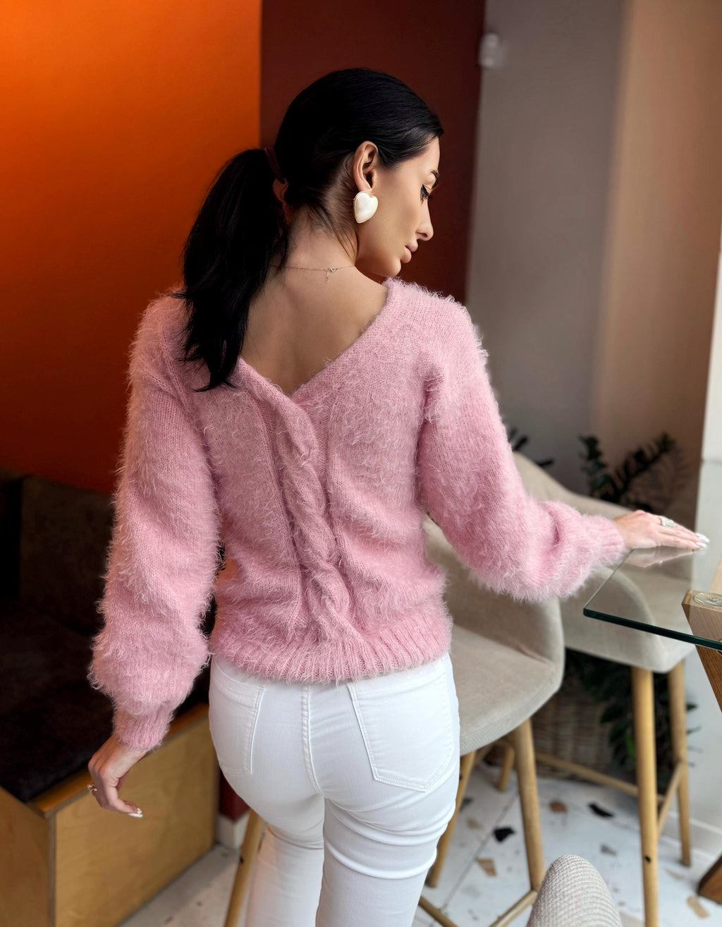 Soft hand knit fluffy Pink Powder wool FREE or merino wool body friendly sweater Open back Deep V-neckline Loose fit oversize pullover