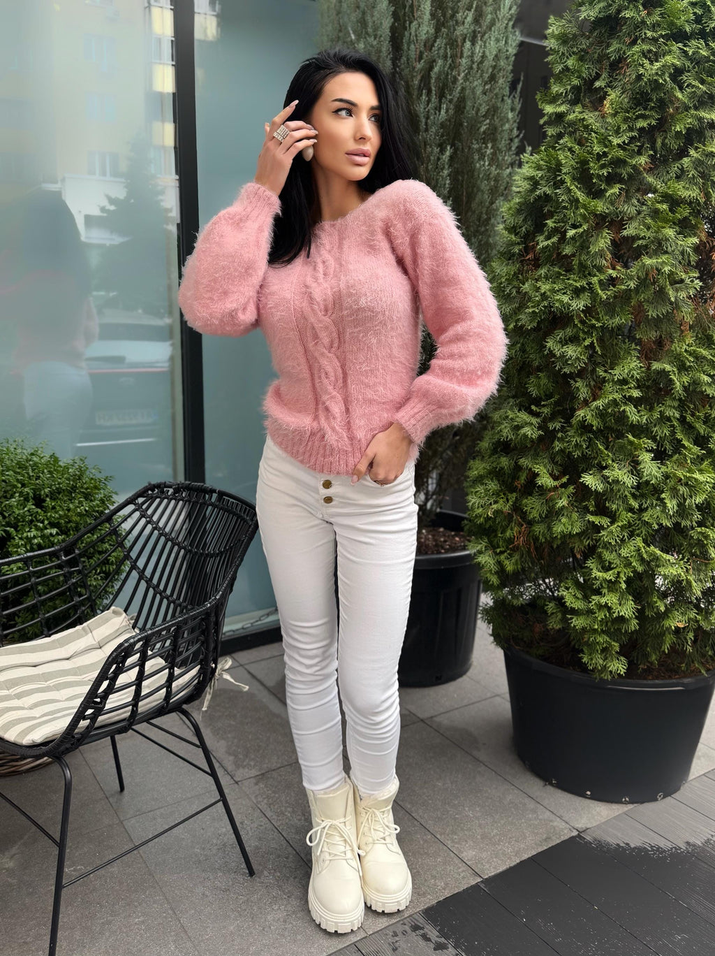 Soft hand knit fluffy Pink Powder wool FREE or merino wool body friendly sweater Open back Deep V-neckline Loose fit oversize pullover