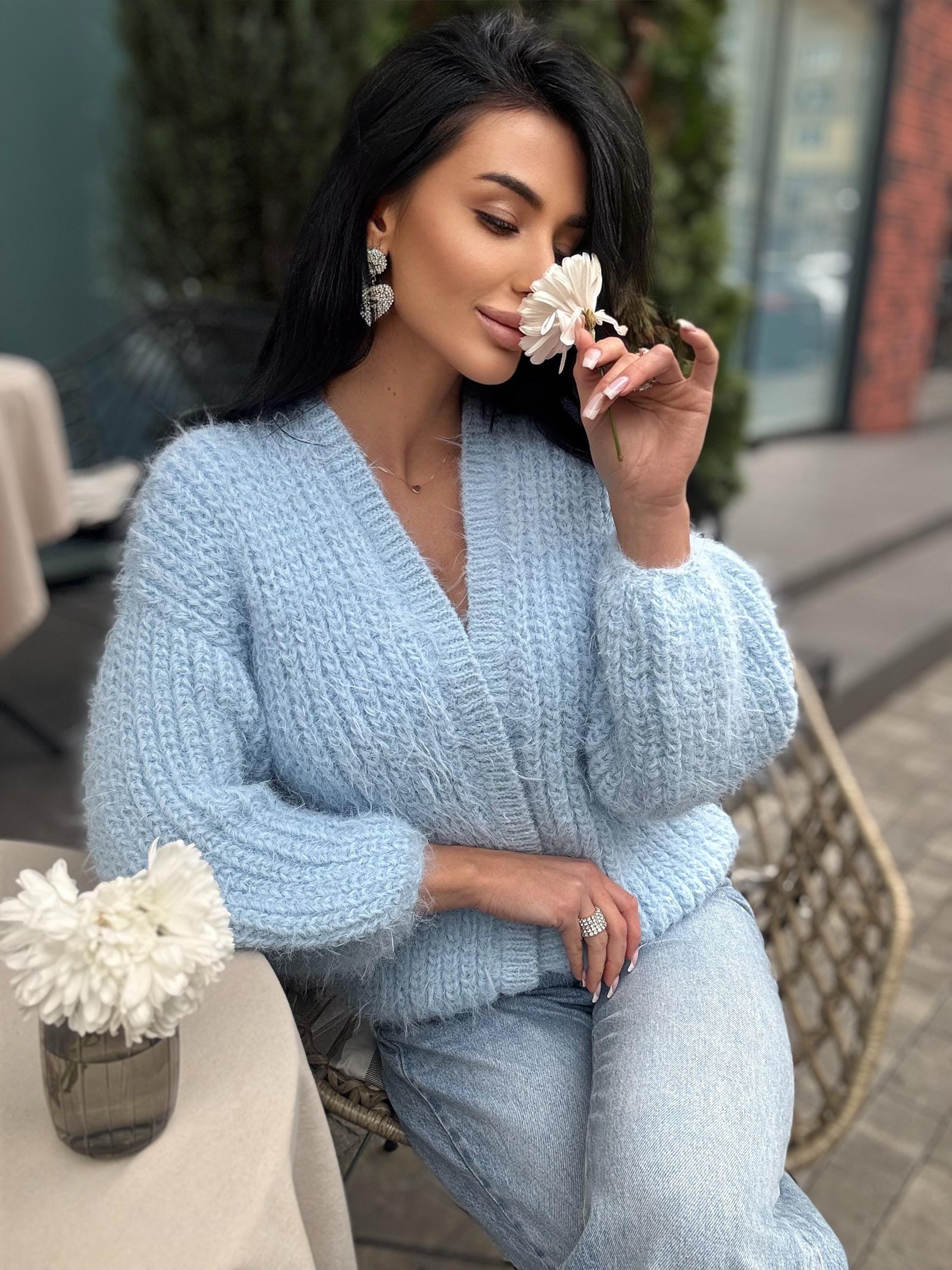 Merino wool pastel light blue crop fluffy cardigan women Wedding cardigan Mohair sweater Hand knitted coat Jacket Bridal shrug bolero