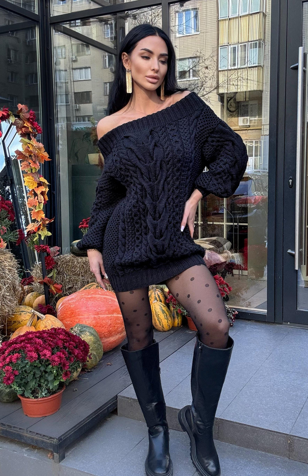 Hand knit wool black sweater dress for women Cable knit open shoulders Long wool sweater braids knit Chunky knit one shoulder Aran sweater