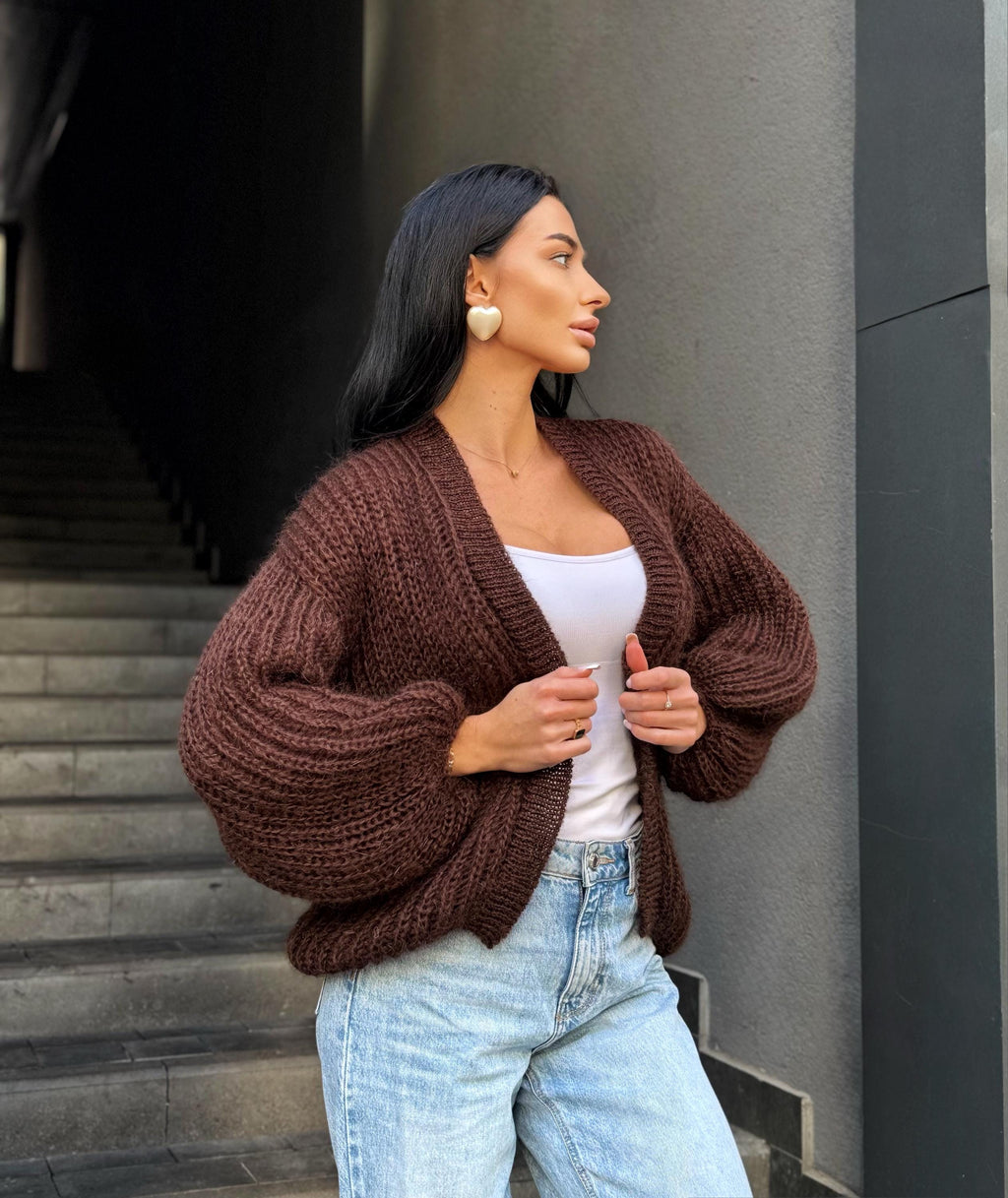 Mohair brown chocolate cardigan women Wedding Mohair sweater knitted coat Jacket Women Bridal shrug bolero wool Fluffy short cardigan