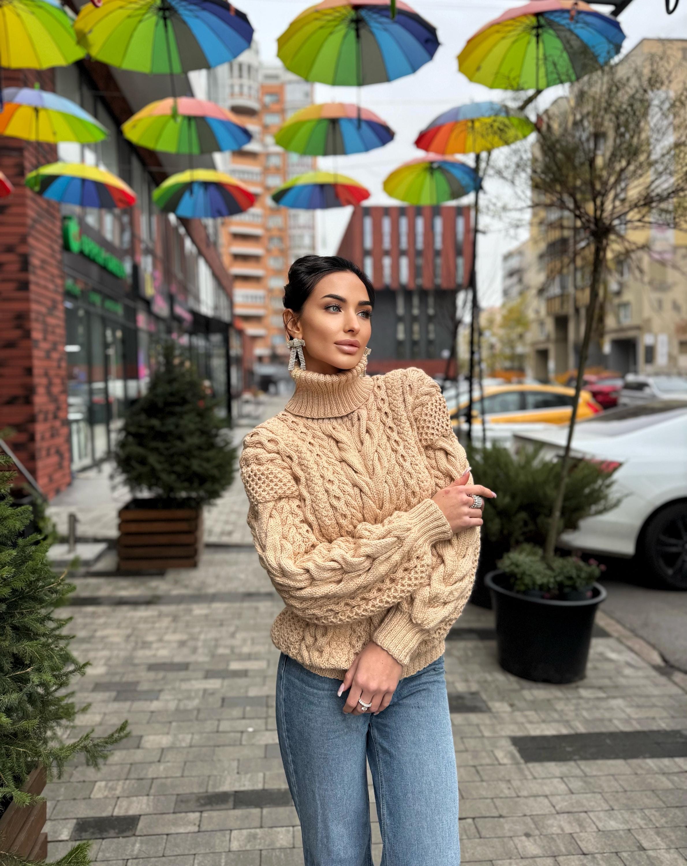 Aran handknit beige sweater turtleneck Chunky knit pastel pullover Cable knit merino wool sweater Women braids big sweater