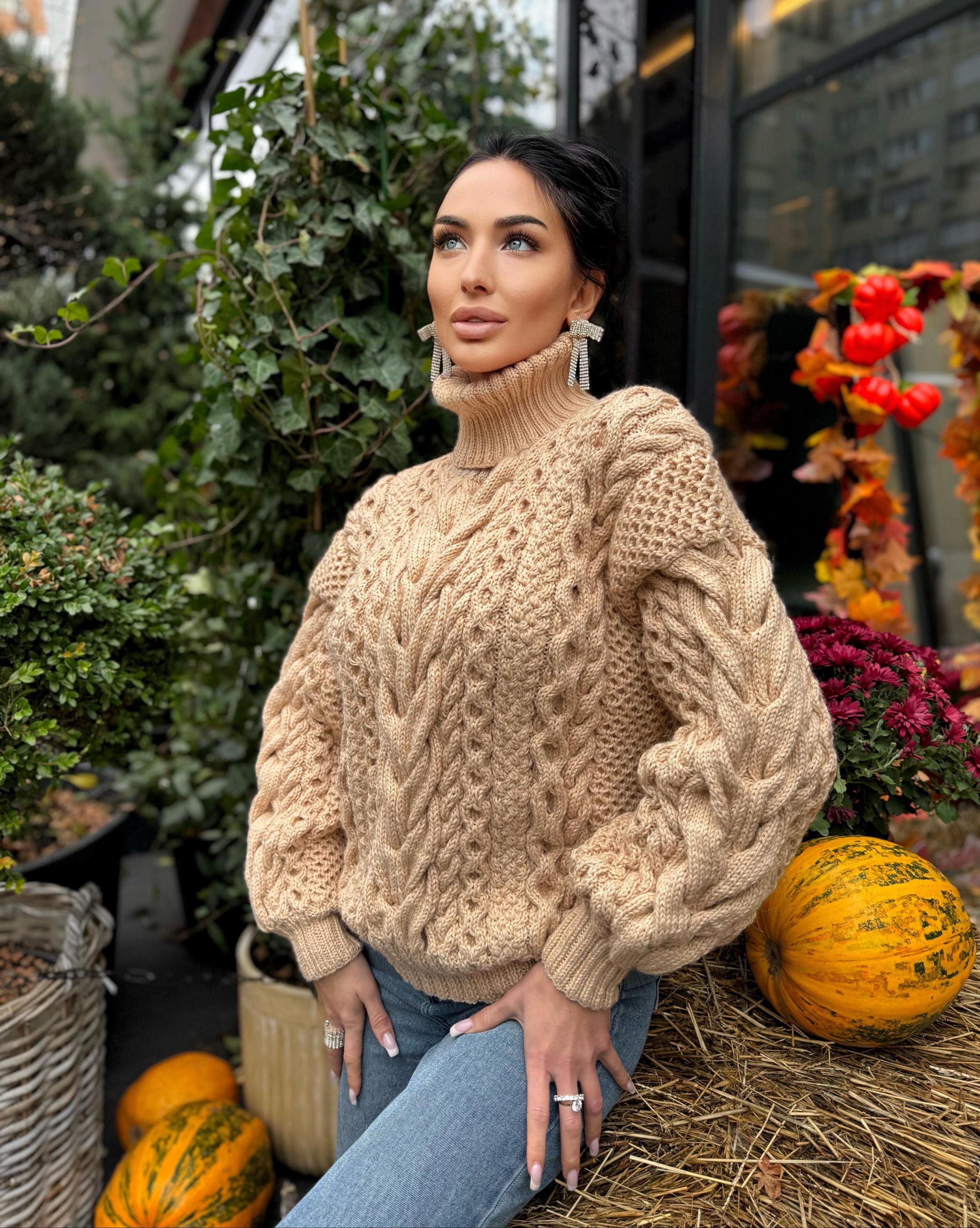 Aran handknit beige sweater turtleneck Chunky knit pastel pullover Cable knit merino wool sweater Women braids big sweater