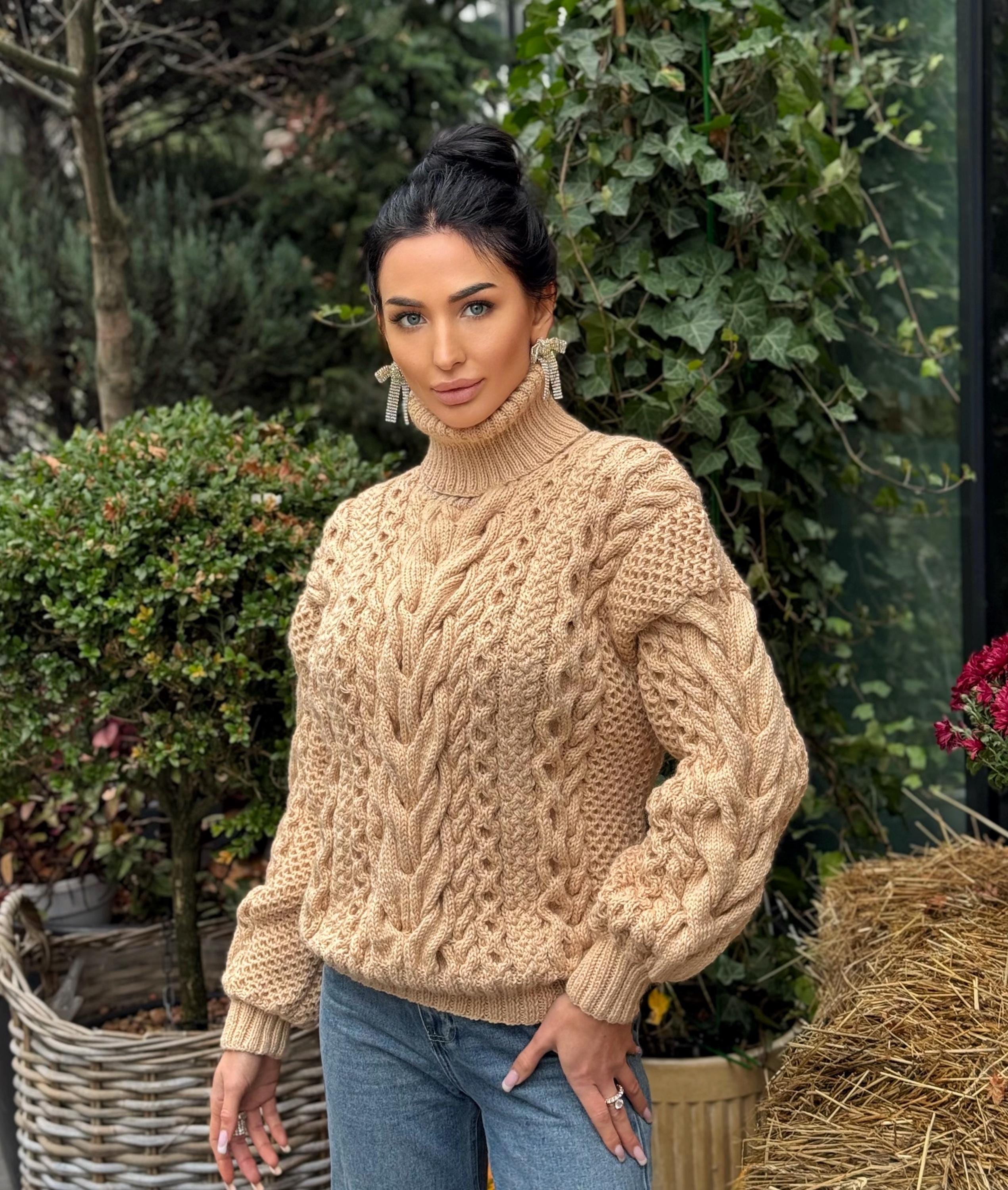 Aran handknit beige sweater turtleneck Chunky knit pastel pullover Cable knit merino wool sweater Women braids big sweater