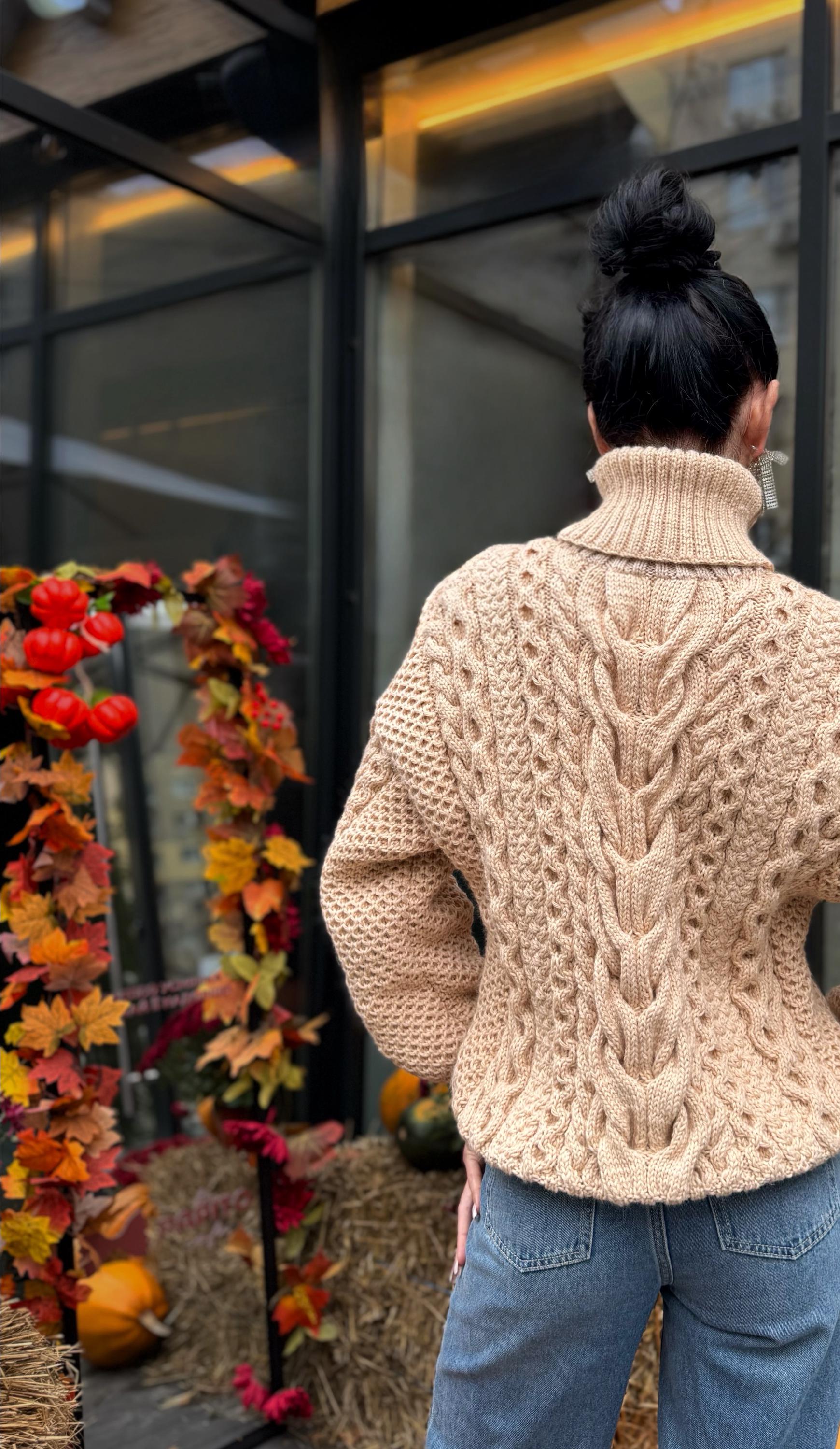 Aran handknit beige sweater turtleneck Chunky knit pastel pullover Cable knit merino wool sweater Women braids big sweater