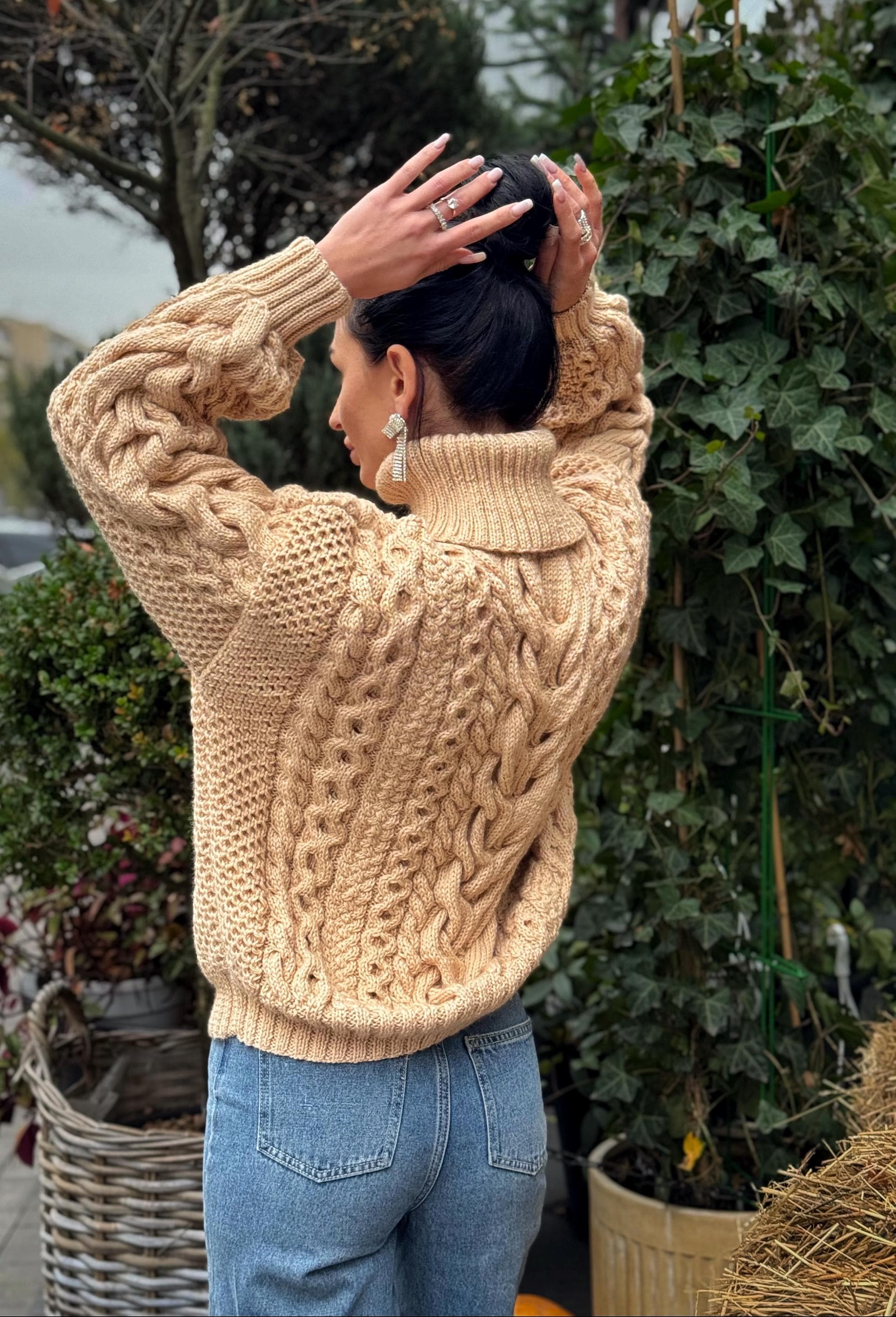 Aran handknit beige sweater turtleneck Chunky knit pastel pullover Cable knit merino wool sweater Women braids big sweater