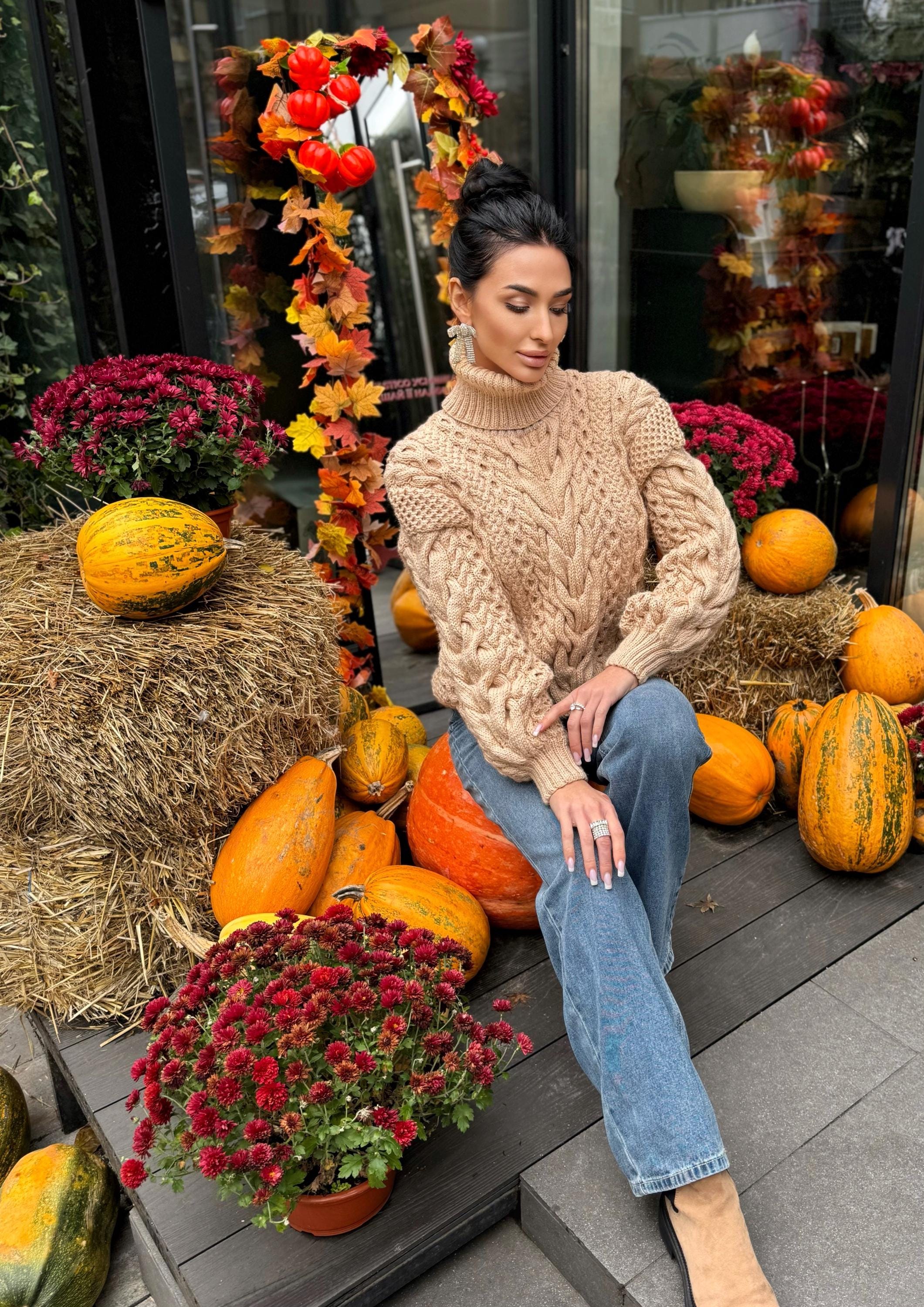 Aran handknit beige sweater turtleneck Chunky knit pastel pullover Cable knit merino wool sweater Women braids big sweater