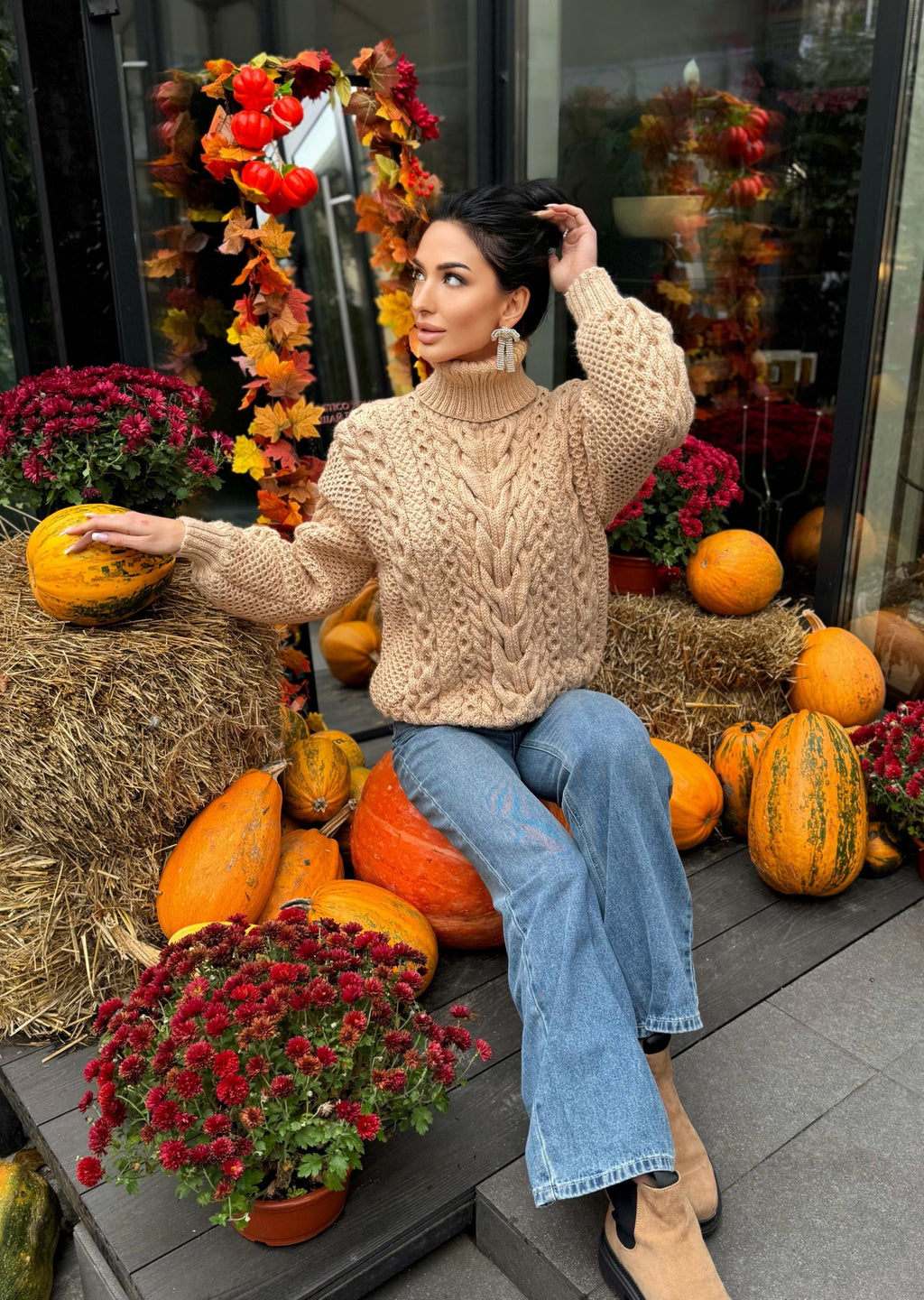 Aran handknit beige sweater turtleneck Chunky knit pastel pullover Cable knit merino wool sweater Women braids big sweater