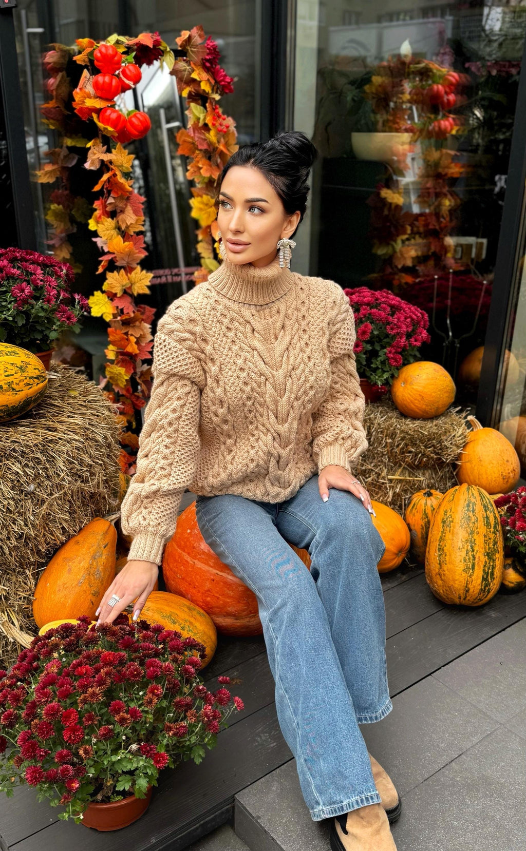 Aran handknit beige sweater turtleneck Chunky knit pastel pullover Cable knit merino wool sweater Women braids big sweater