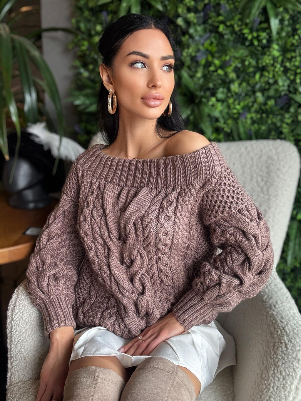 Aran pastel dark beige brawn hand knit merino wool off shoulders sweater Handmade oversize Cable knit Jumper Chunky knit cappuccino Sweater