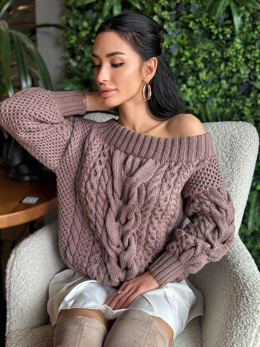 Aran pastel dark beige brawn hand knit merino wool off shoulders sweater Handmade oversize Cable knit Jumper Chunky knit cappuccino Sweater
