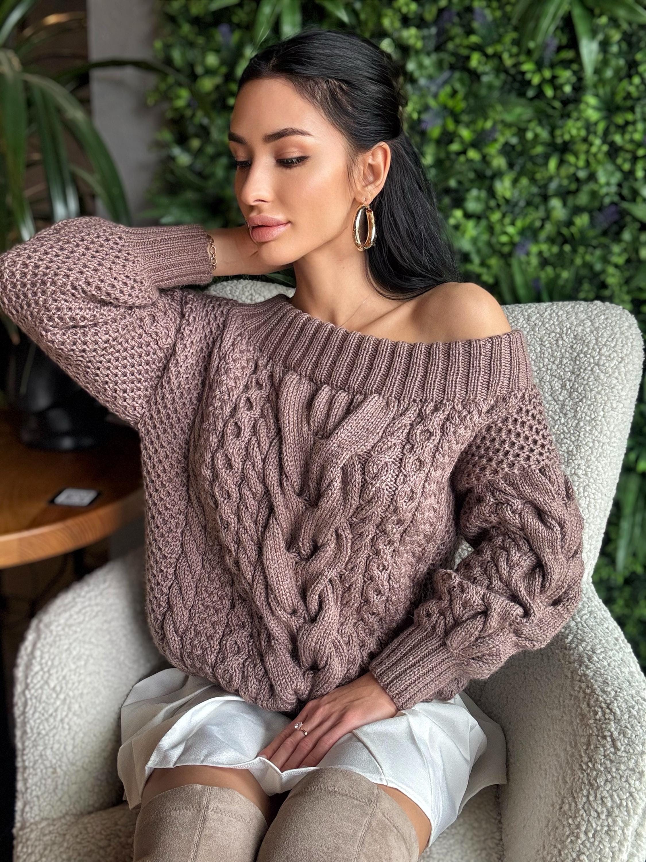 Aran pastel dark beige brawn hand knit merino wool off shoulders sweater Handmade oversize Cable knit Jumper Chunky knit cappuccino Sweater