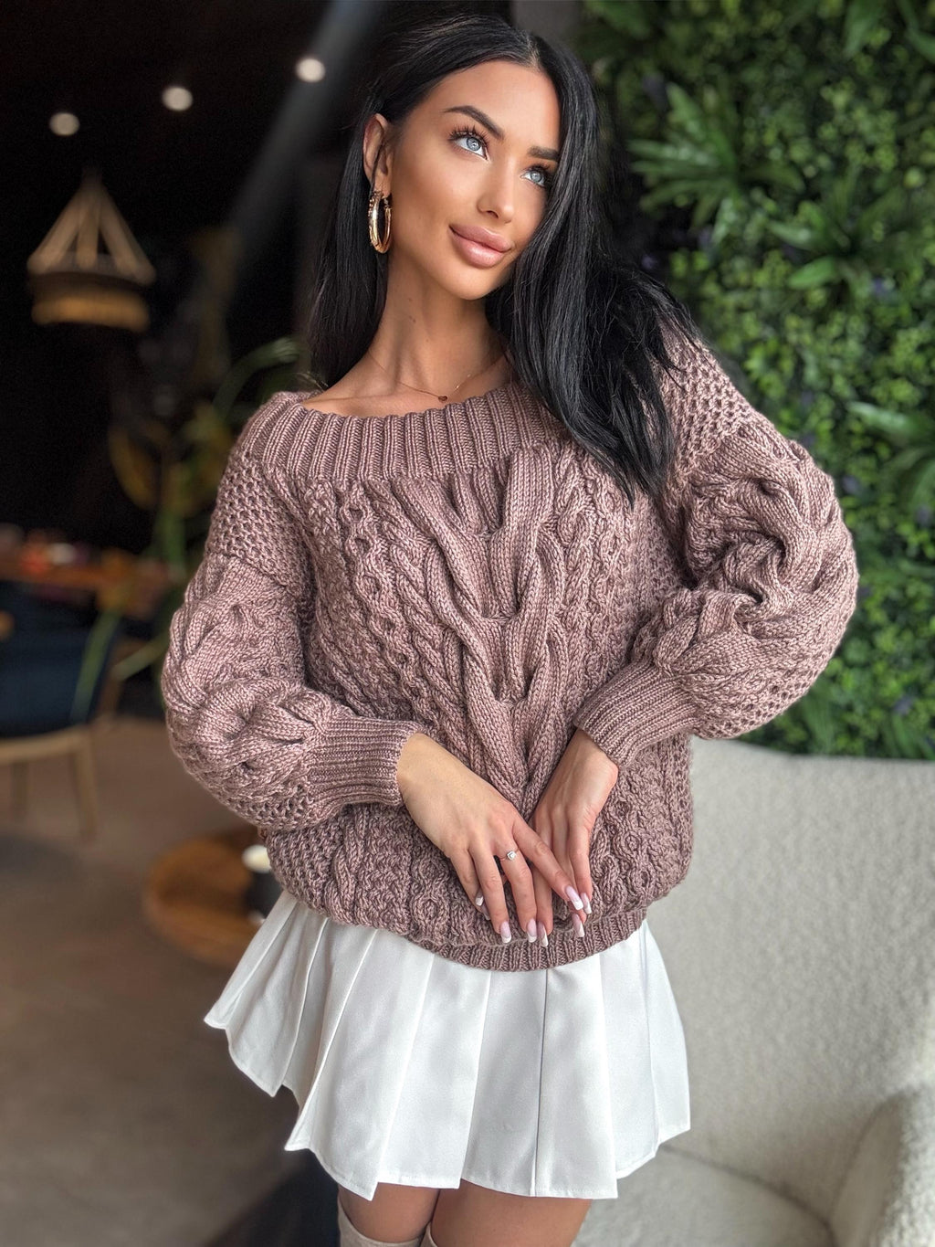 Aran pastel dark beige brawn hand knit merino wool off shoulders sweater Handmade oversize Cable knit Jumper Chunky knit cappuccino Sweater
