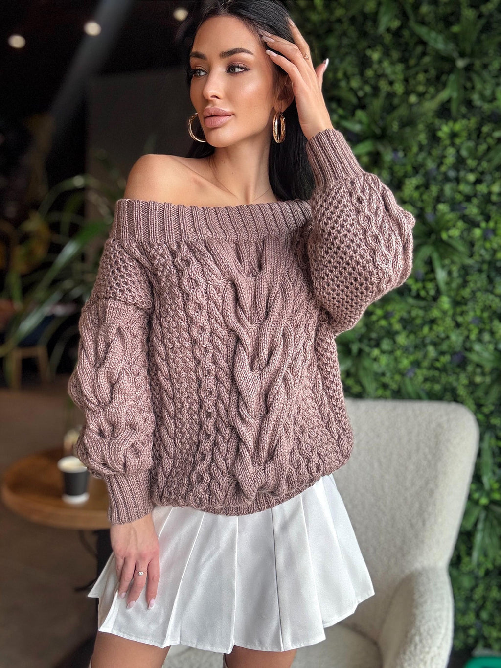 Aran pastel dark beige brawn hand knit merino wool off shoulders sweater Handmade oversize Cable knit Jumper Chunky knit cappuccino Sweater